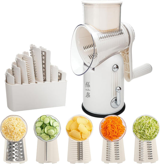 ZHANG XIAO QUAN SINCE 1628 5-in-1 Interchangeable Blades Rotary Cheese Grater Hand Crank, Cheese Shredder Mandoline Vegetable Julienne Slicer Cutter Nut Chopper with Anti-Slip Base, Blade Storage
