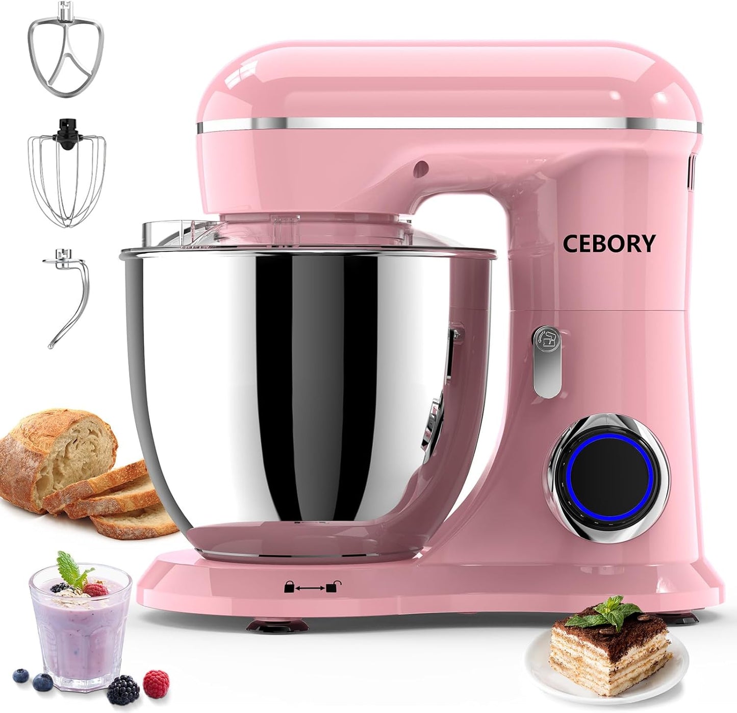 3-IN-1 Electric Stand Mixer, 6.5QT Bowl 660W 10-Speed Kitchen Mixer, Household Food Mixers include Dough Hook, Beater and Whisk, Bread Cake Mixer for Baking and Most Home Cooks, Pink