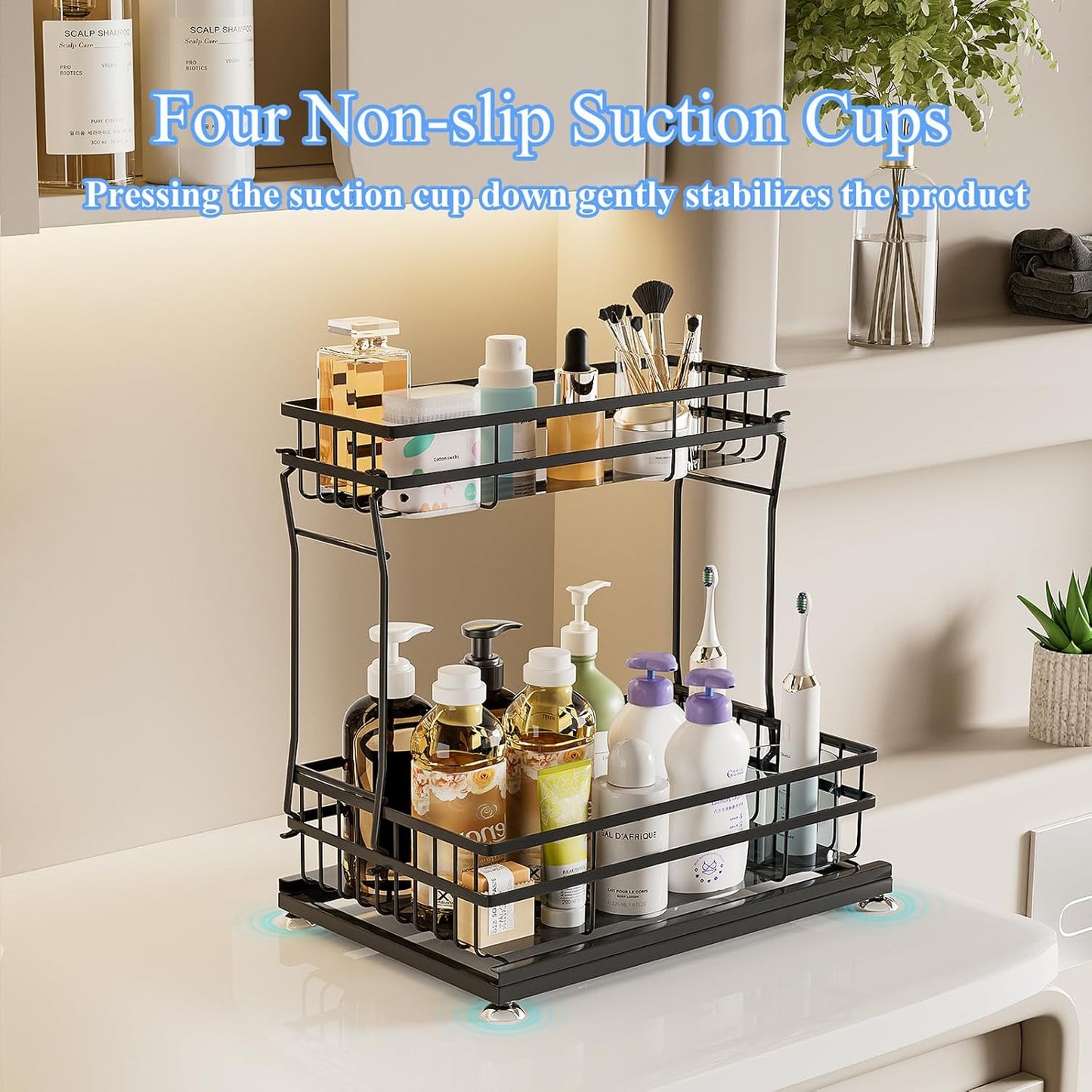 1 Pack Under Sink Organizers and Storage, 2 Tier Pull Out Cabinet Organizer, Metal Sliding Drawer Storage for Kitchen Bathroom，Black