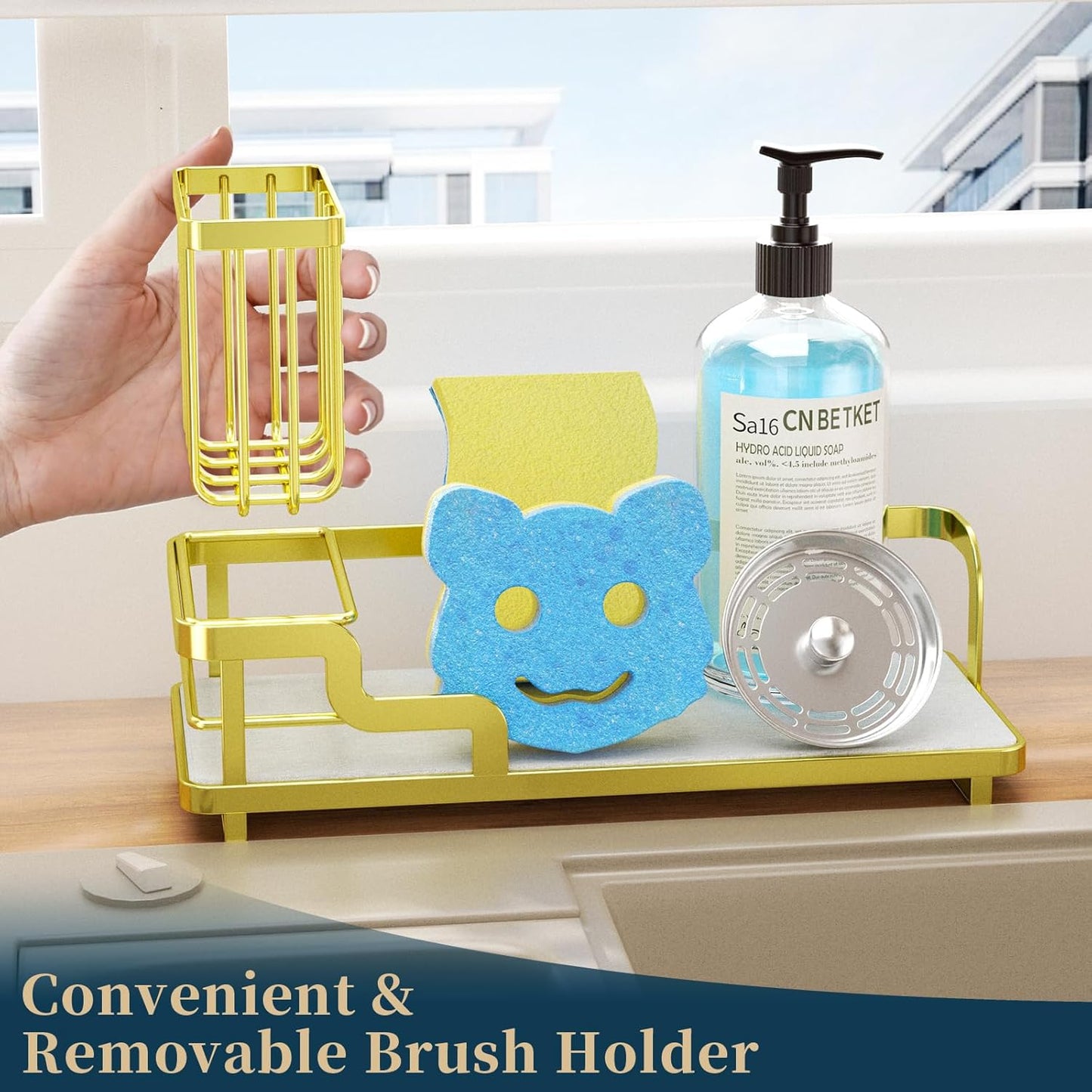 Consumest Sponge Holder for Kitchen Sink - Sink Caddy Organizer with Water Absorbing Stone Tray, Detachable Brush Holder, Stainless Steel Kitchen Counter Organizer Rack, Gold
