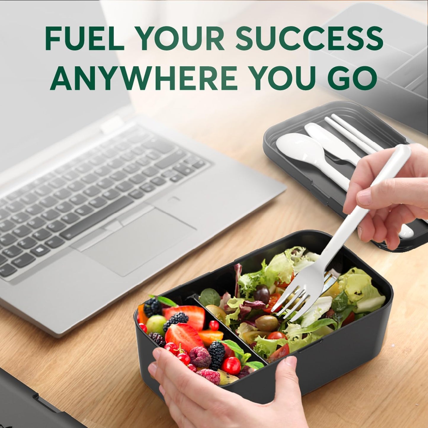 Umami Lunch Box Containers w/ 4 Utensils, Sauce Jar, Nestable Space-Saving Bento Box Adult, 100% Leakproof, Microwavable Lunch Containers for Adults, Design Award Winner, Black, 30 oz