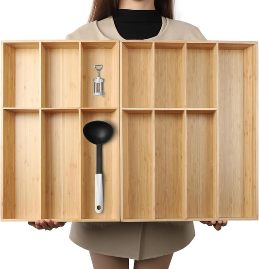 V-Shaped Extra Large Bamboo Drawer Organizer Set of 2, Kitchen Cutlery Tray Utensil Plate, Flatware&Silverware Storage Box, Wood Organizer for Bedroom, Living Room (19.6"x14.6" & 19.6"x12.4")