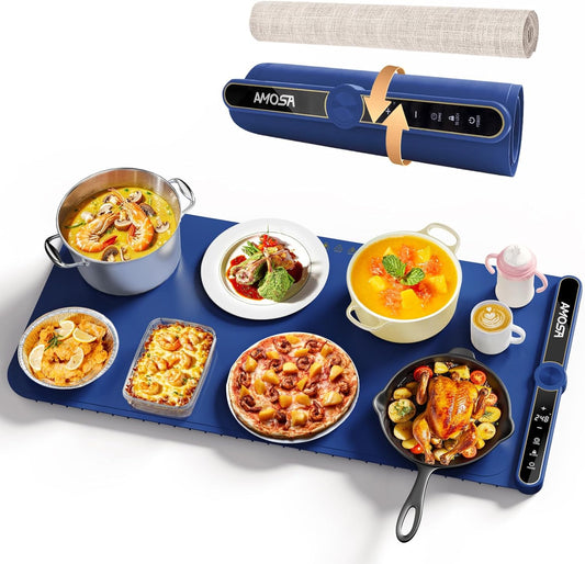 Warming Mat for Food, Fast Heating Electric Food Warmer with 9 Level Temperature and 6 Hours Timer, Extra Large Roll Up Silicone Food Warming Mat, Portable Warming Trays for Buffets Party (Blue)