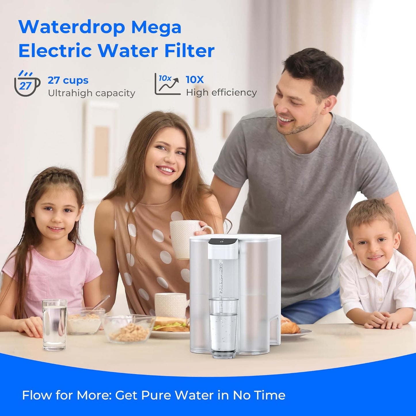 Waterdrop Large 27-Cup Mega Electric Water Filter Dispenser, 200-Gallon Rechargeable Instant System, NSF/ANSI 42&53&401&372, Reduce PFAS, Lead, Chlorine, with 1 Filter, White, Does not Lower TDS