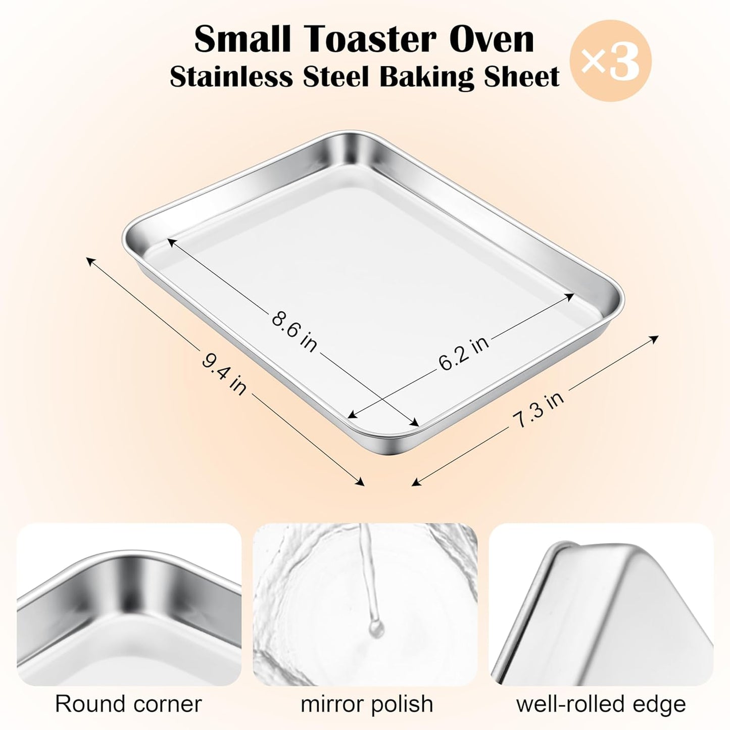 E-far 3 Pack Toaster Oven Trays, 9.4”x7.3” Stainless Steel Small Baking Cookie Sheets, Mini Non-toxic Metal Baking Pans for Cake, Healthy & Rust Free, Mirror Finish & Dishwasher Safe