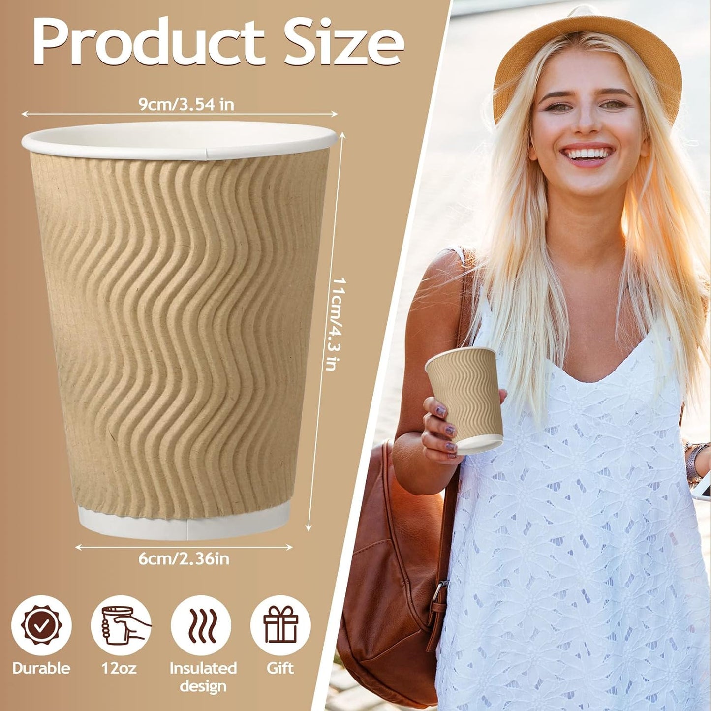 Foaincore 250 Pack 12 oz Paper Cups Bulk Disposable Ripple Insulated Ripple Wall Paper Coffee Kraft Hot Beverage Coffee Cups for Hot Beverage Cold Drinks Party