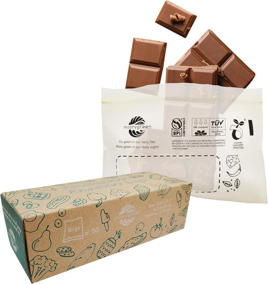 Compostable Food Storage Bags, Resealable Snack Bags, 50 Count, 6.5 x 3.7 inches, Extra Thick, Certified US BPI ASTM D6400 Europe OK Compost