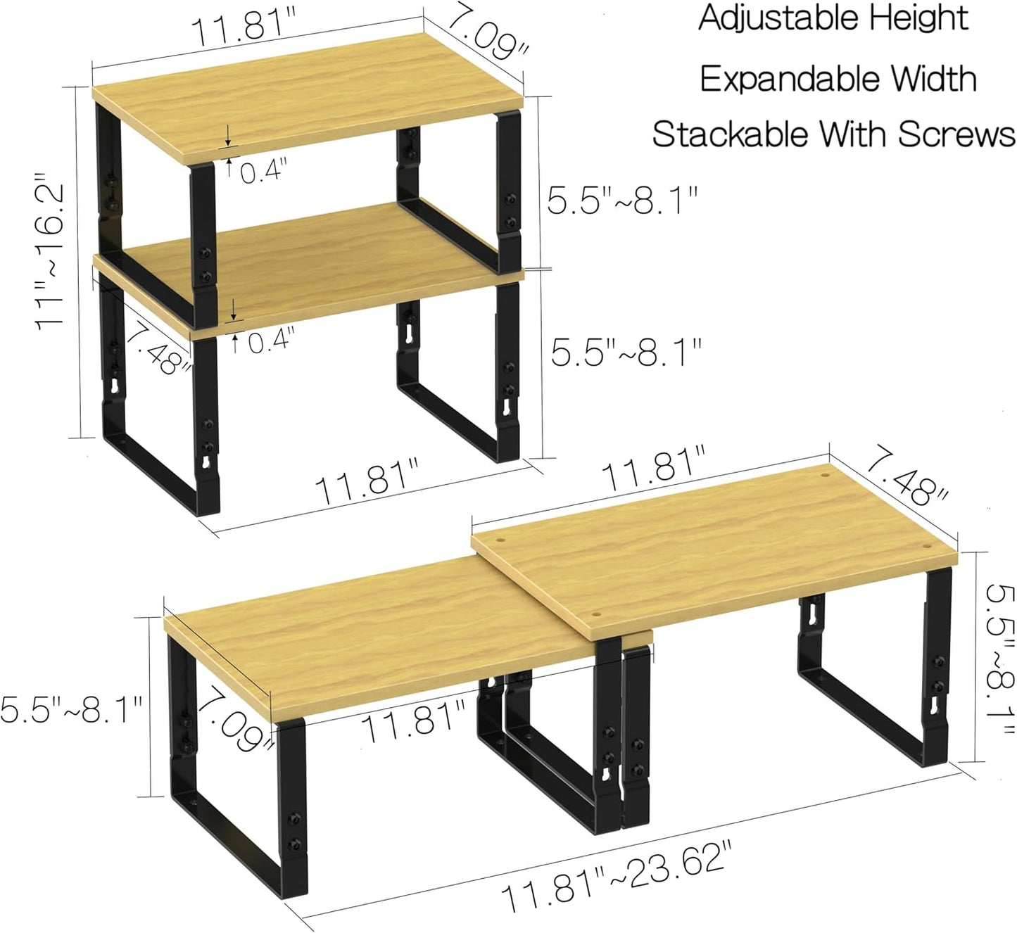 Expandable Kitchen Cabinet Organizer Shelves – Stackable Adjustable Metal and Wood Storage Racks for Countertop, Pantry, Garage Set of 2 Spice Rack – Easy Assembly, Space-Saving(2 Packs/Medium/Black)