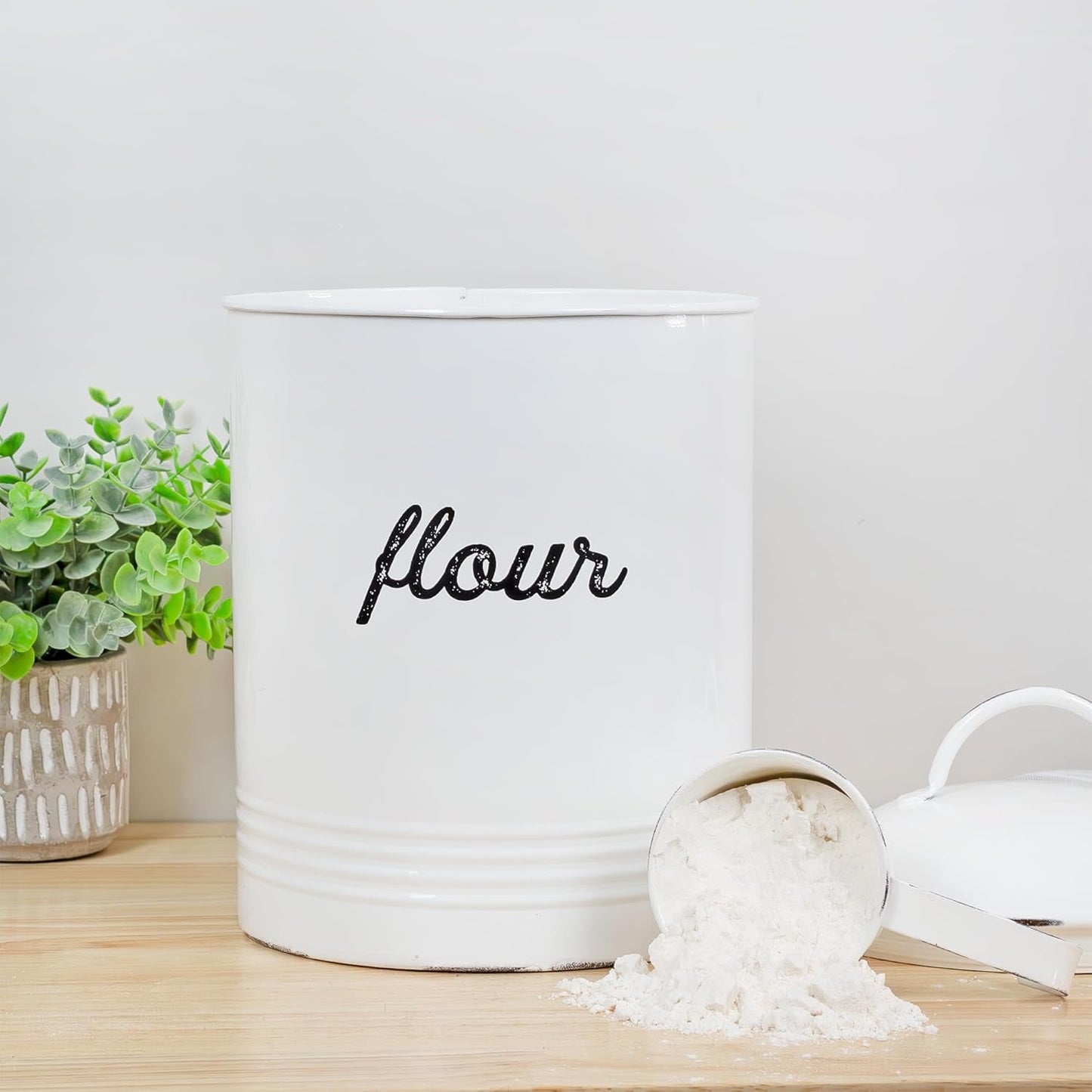 AuldHome Design Enamelware White Flour Canister; Rustic Distressed Style Staples Storage for Kitchen