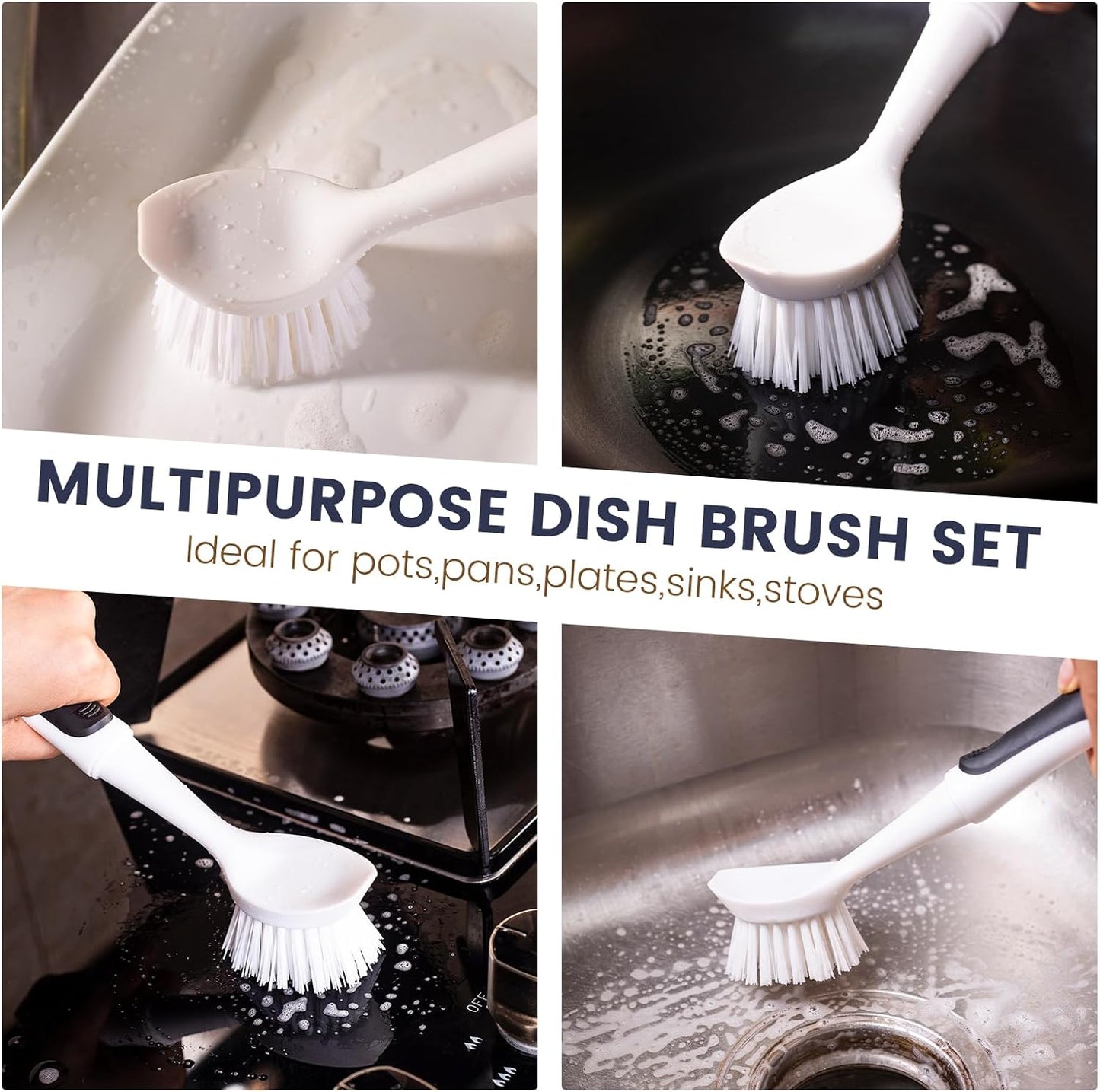 Dish Brush with Handle, 2 Pack Dish Scrub Brush with Built-in Scraper and 2 Pack Grout Brush, Kitchen Brushes for Dishes,Pots, Pans and Sinks