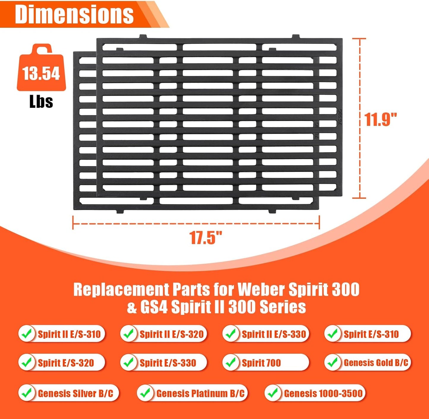 QuliMetal 17.5" Grill Grates for Weber Spirit 300 and Spirit II 300 Series, Spirit E/S-310 E/S-320 E/S-330, Spirit 700, Genesis Silver/Gold B & C, Genesis 1000-3500, Cast Iron Part for Weber 7638 7639