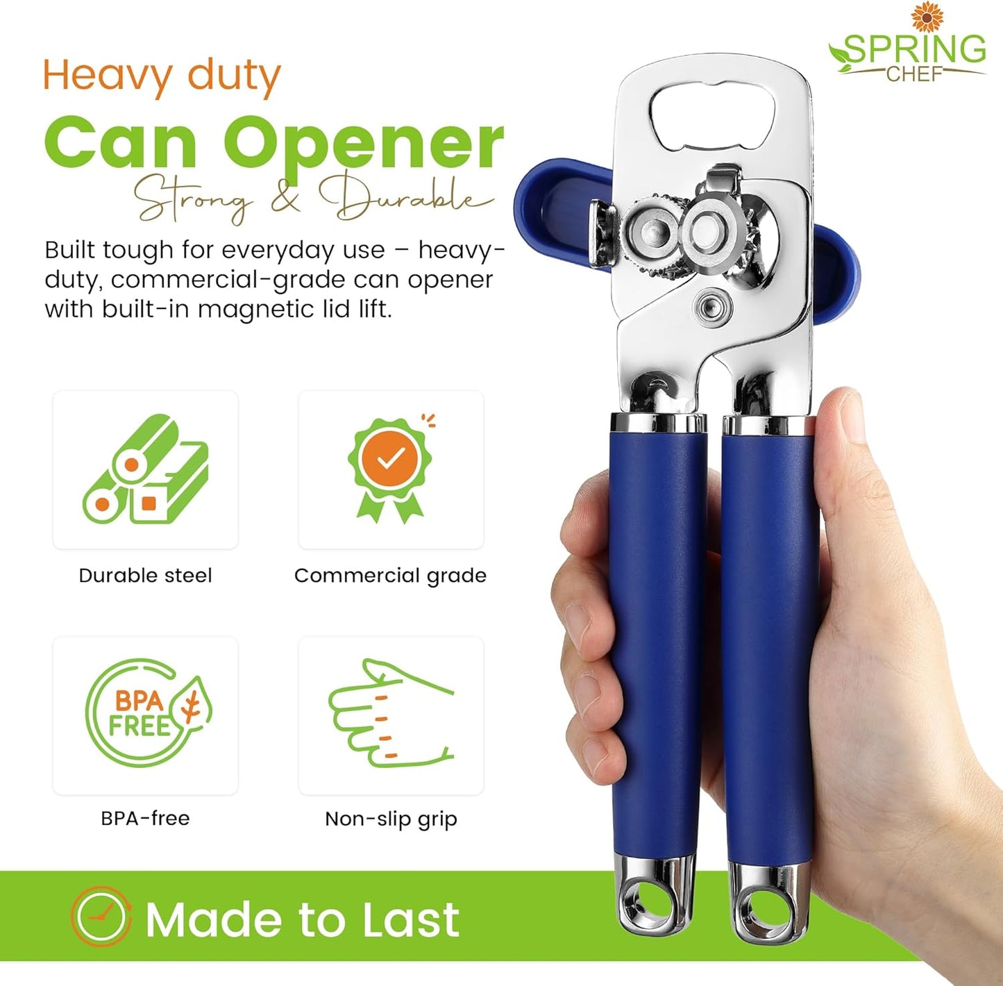 Spring Chef Stainless Steel Can Opener - Manual with Soft Grip Handles, Easy Turn, Heavy Duty Hand Can Openers for Seniors with Smooth Edge - Magnetic Lid Remover - Sapphire