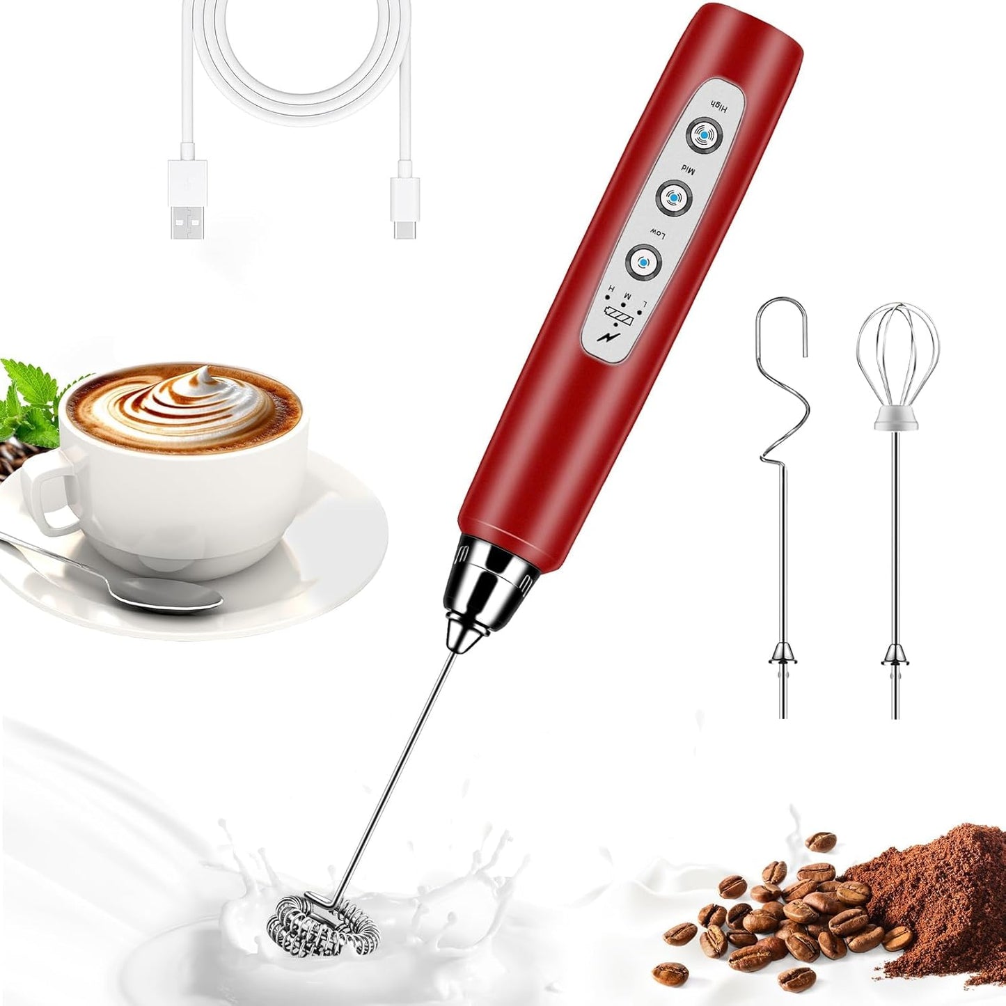 Milk Frother Handheld for Coffee, Electric Whisk 3 Speed Adjustable, Drink Mixer with Stainless 3 Whisks, Rechargeable Hand Frother Wand, Foam Maker for Latte Cappuccino Hot Chocolate Egg Red