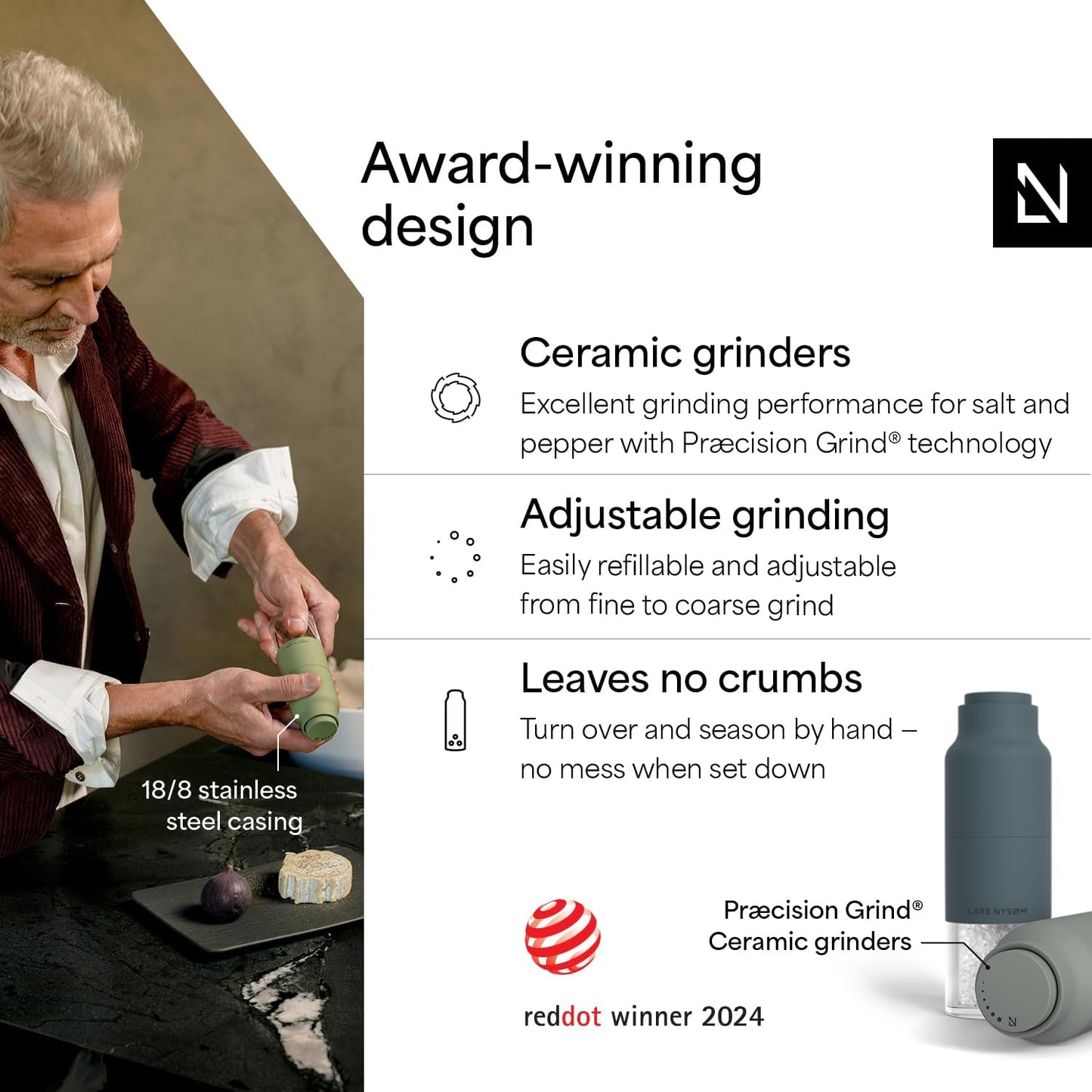 LARS NYSØM Salt and Pepper Grinder Set, Stainless Steel Manual Salt and Pepper Mills, Adjustable Ceramic Grinder, Design Spice Shakers (Blue/Gray)