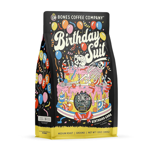 Bones Coffee Company Birthday Suit, Birthday Cake Flavored Coffee, Medium Roast Low Acid Arabica Beans Compatible with Auto drip and French Press Coffee Maker, 12 Oz Ground