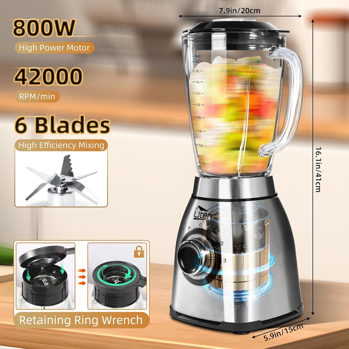 Uten 800 Watt Hight Speed Countertop Blender for Smoothies and Shakes, Ground Coffee Beans, 60 Oz Glass Jar, 5 Speed Settings and Pulse