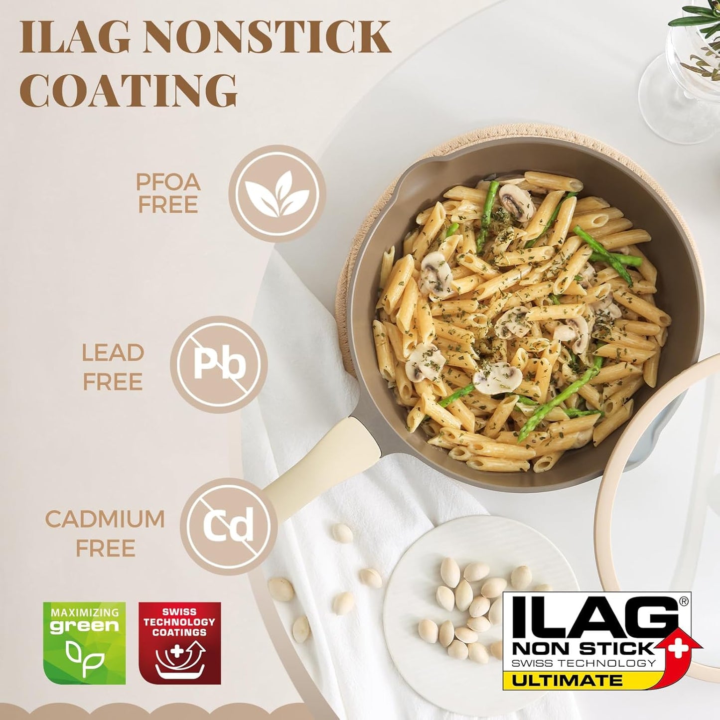 Nonstick Deep Frying Pan with Glass Lid, 10 Inch (3.2 qt), 5X Durable Nonstick Sauté Pan, Scratch & Stain Resistant, PFOA Free, Induction Compatible, Dishwasher & Oven Safe, Natural Linen