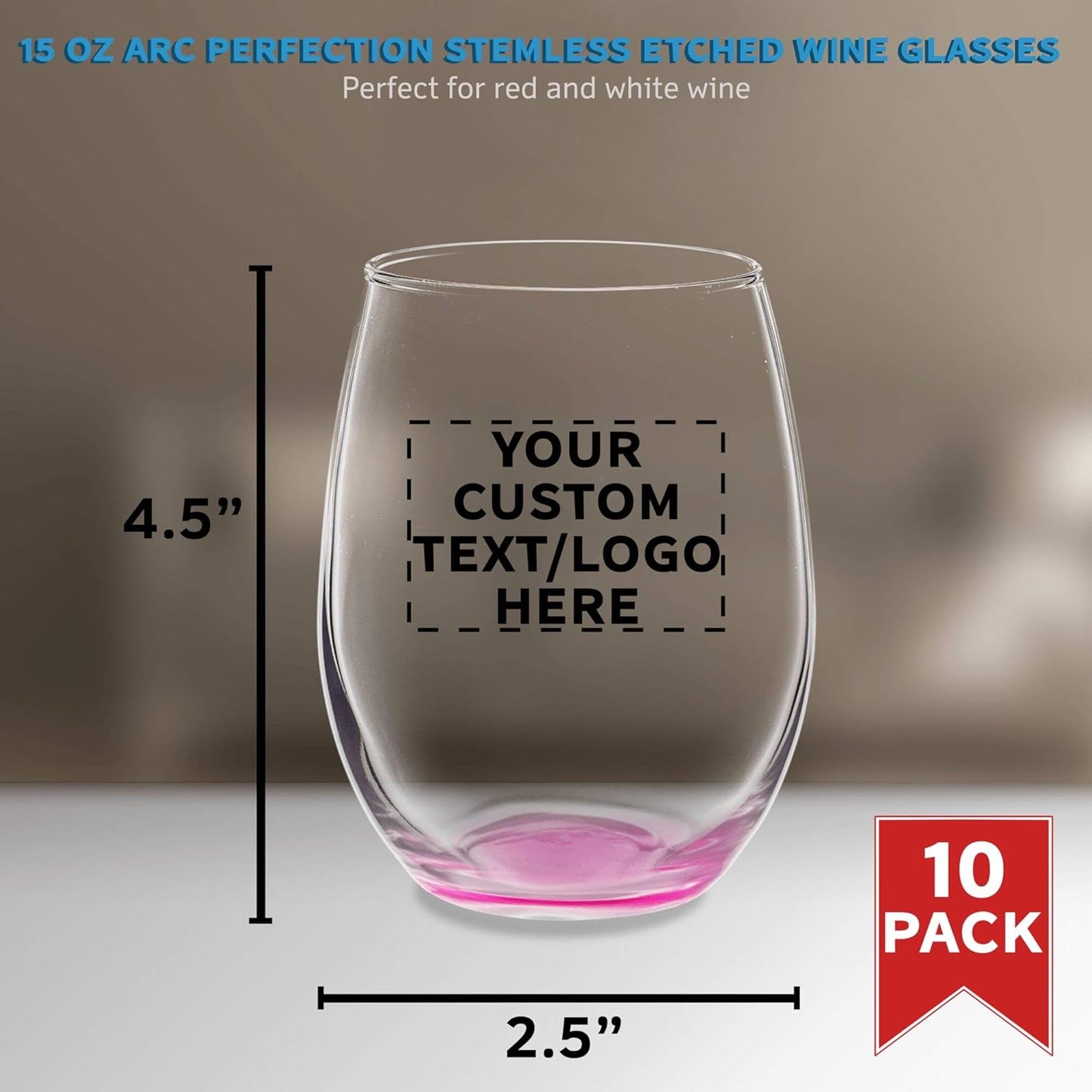 Custom Stemless Wine Glasses in Bulk by ARC Perfection, 15 oz, 10 pack, Personalized Text, Logo, Red or White Wine Glass Set, Pink