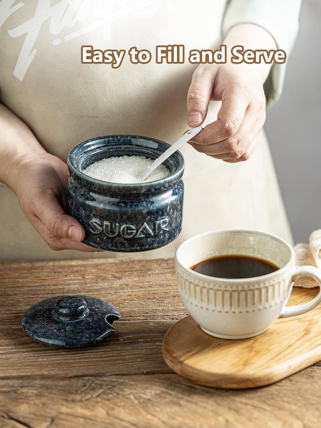 Gomakren Sugar Bowl with Lid and Spoon, Sugar Container Sugar Dish 10oz, Ceramic Sugar Jar for Coffee Bar, Kitchen, Countertop - Modern Farmhouse Kitchen Christmas Decor, Blue