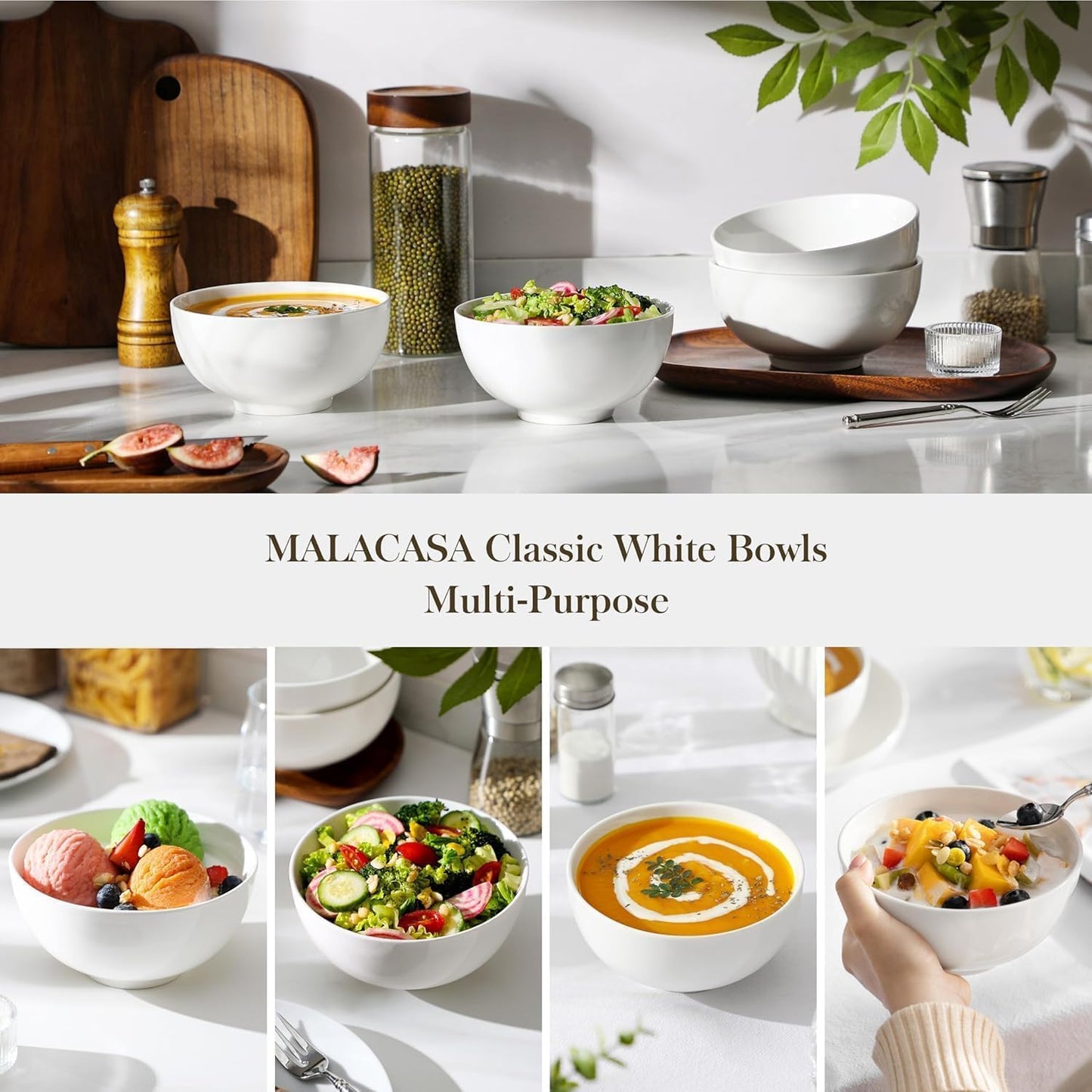 MALACASA 26 OZ Porcelain Soup Bowls Set of 4, White Ceramic Bowls for Kitchen, Cereal Bowl for Oatmeal, Fruit, Salad, Ramen and Rice Bowl -Dishwasher & Microwave Safe Bowls,