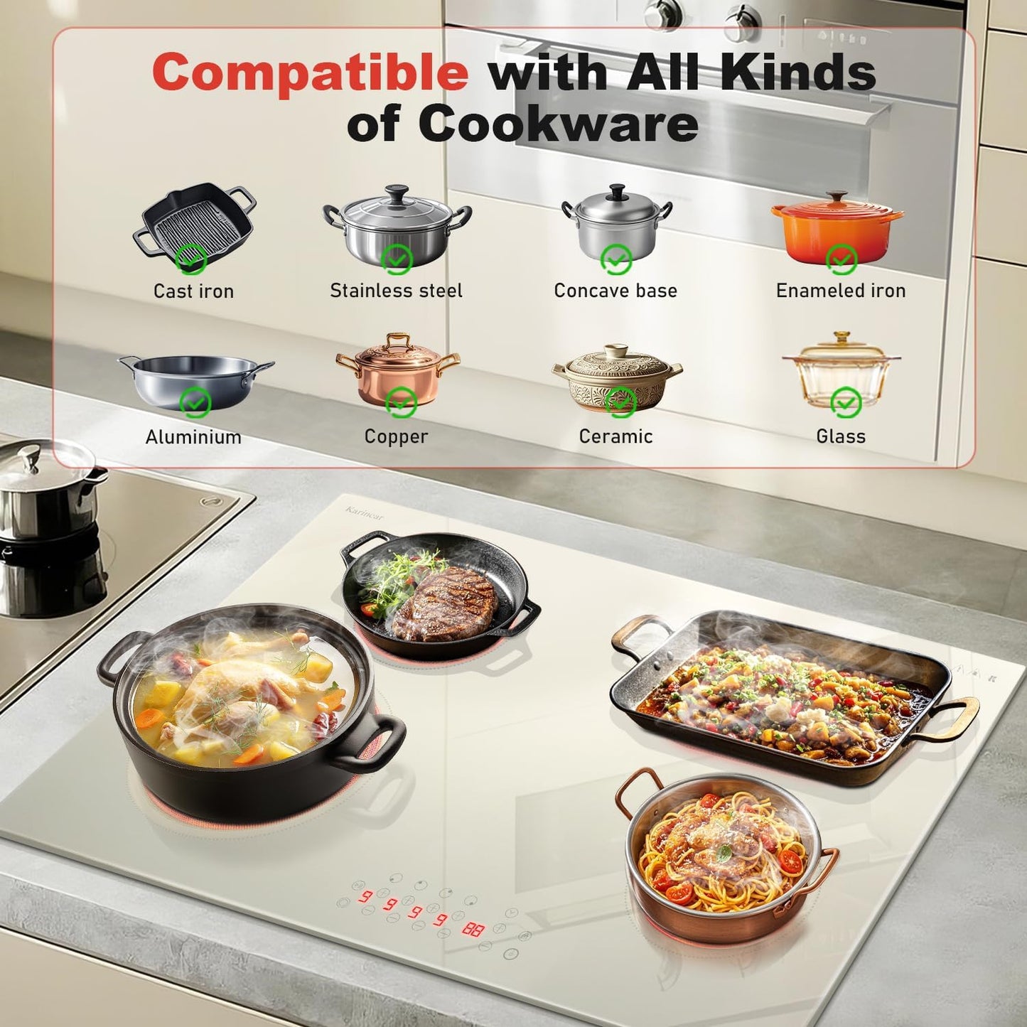 Karinear 30 Inch Electric Cooktop, Beige-gray Glass Electri Cermaic Stove, 4 Burners Electric Stove Top with Expandable Burners, Timer, Child Safety Lock, Pause, 6600W, Drop-in 220V-240V Hardwire