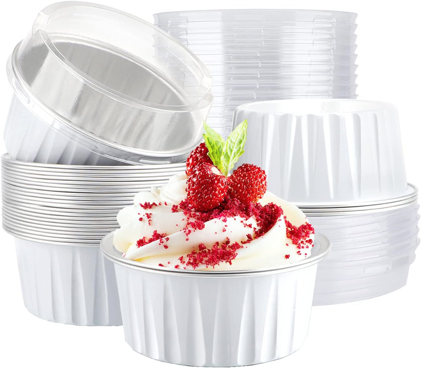 EUSOAR Ramekin Baking Cups, 30pcs 5oz Aluminum Foil Muffin Liners Cupcake Baking Cup with Lids, Mini Pie Pans with Lids, Disposable Foil Baking Cups Containers for Creme Brulee or Cupcake-White