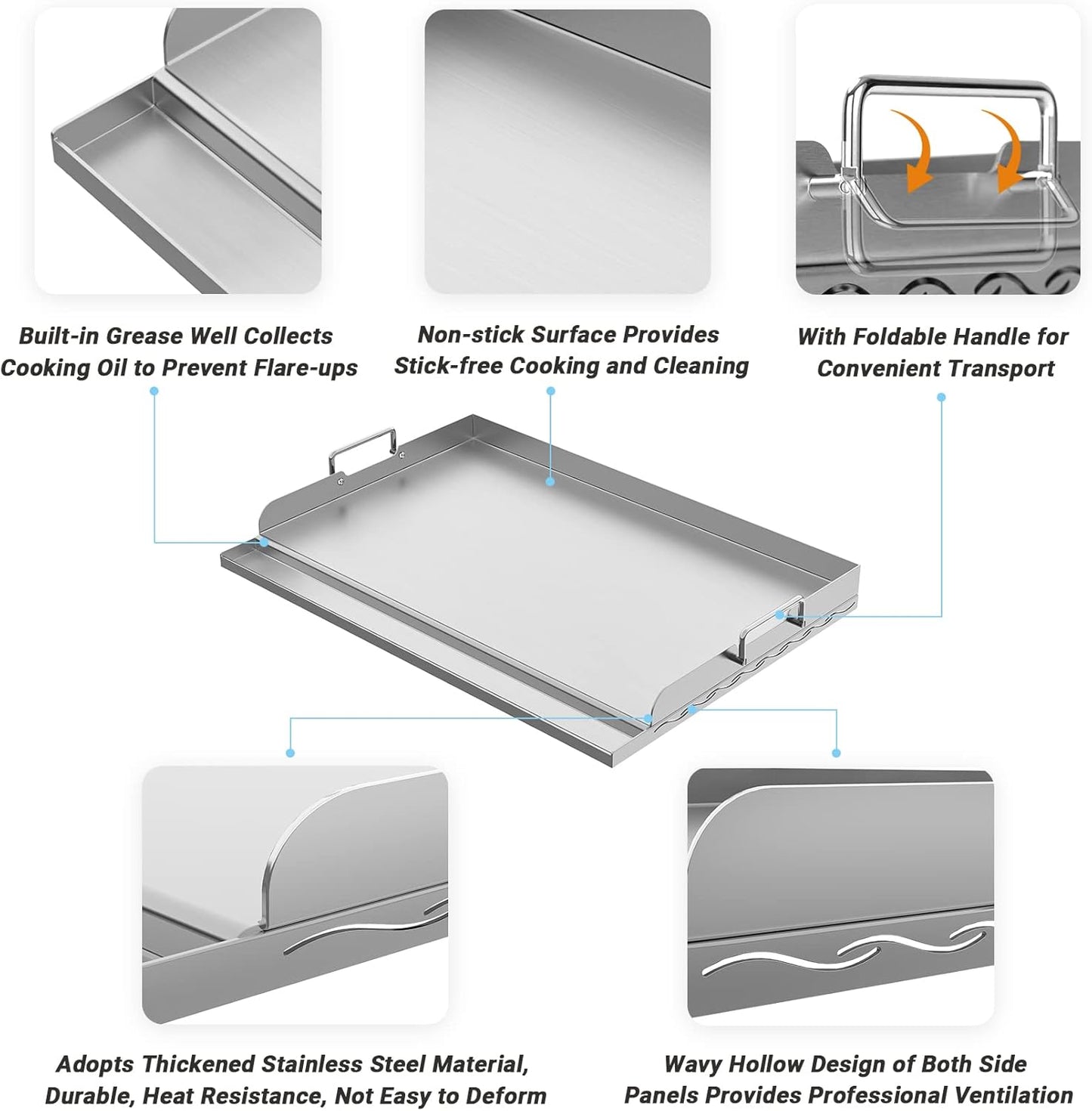 Skyflame Universal Stainless Steel Griddle Plate with Even Heating Bracing for BBQ Charcoal/Gas Grills, 23" x 16" Rectangular Hibachi Flat Top Griddle for Indoor/Outdoor Cooking