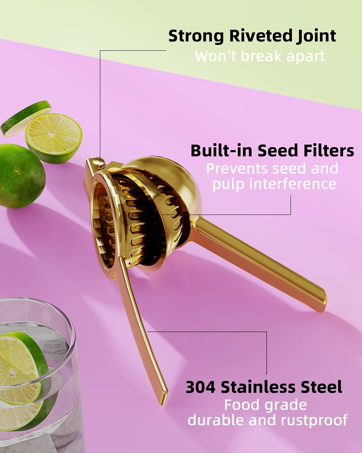 Lemon Squeezer Stainless Steel - Heavy Duty Solid Metal Squeezer Bowl - Large Manual Citrus Press Juicer and Lime Squeezer - 2 in 1 hand Juicer - Store Juice -No Splashing-Gold