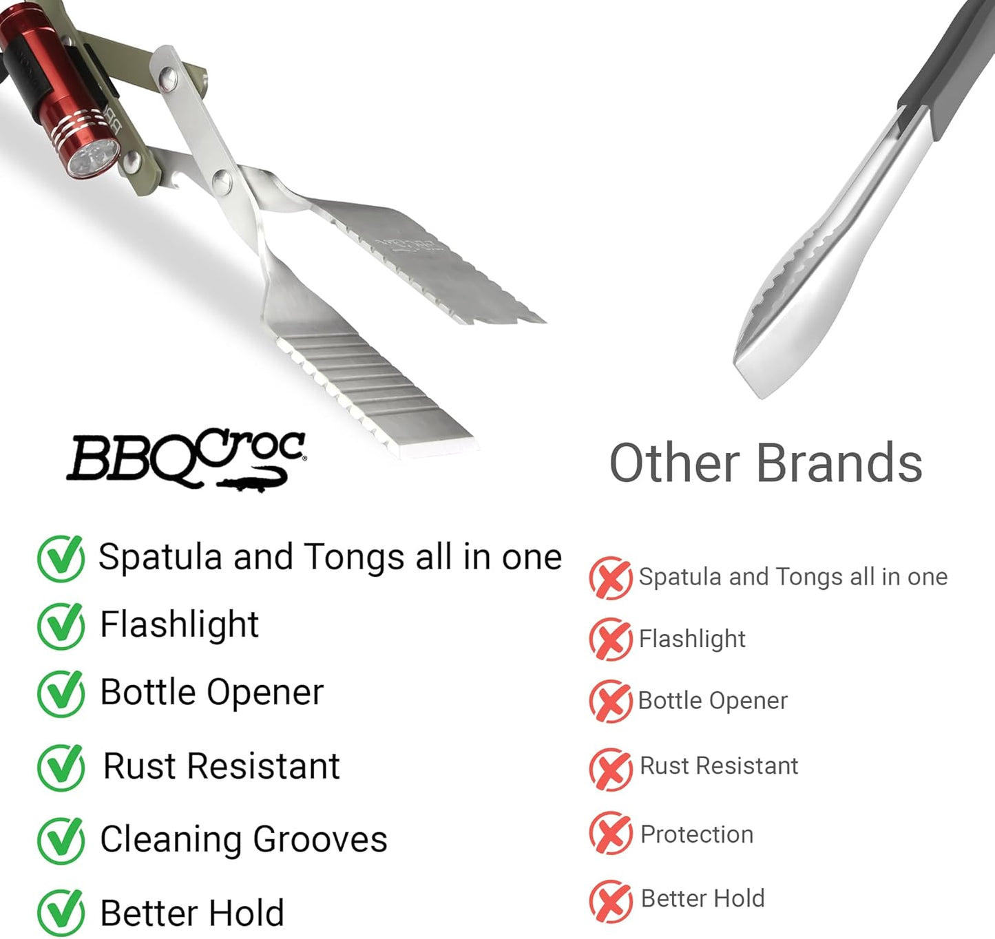BBQ Croc 3-in-1 Barbecue Tool Pack - 15-inch & 18-inch with Light - Extra Light Tongs, Spatula and Grill Scraper (18 inch + 15 inch with Flashlight)