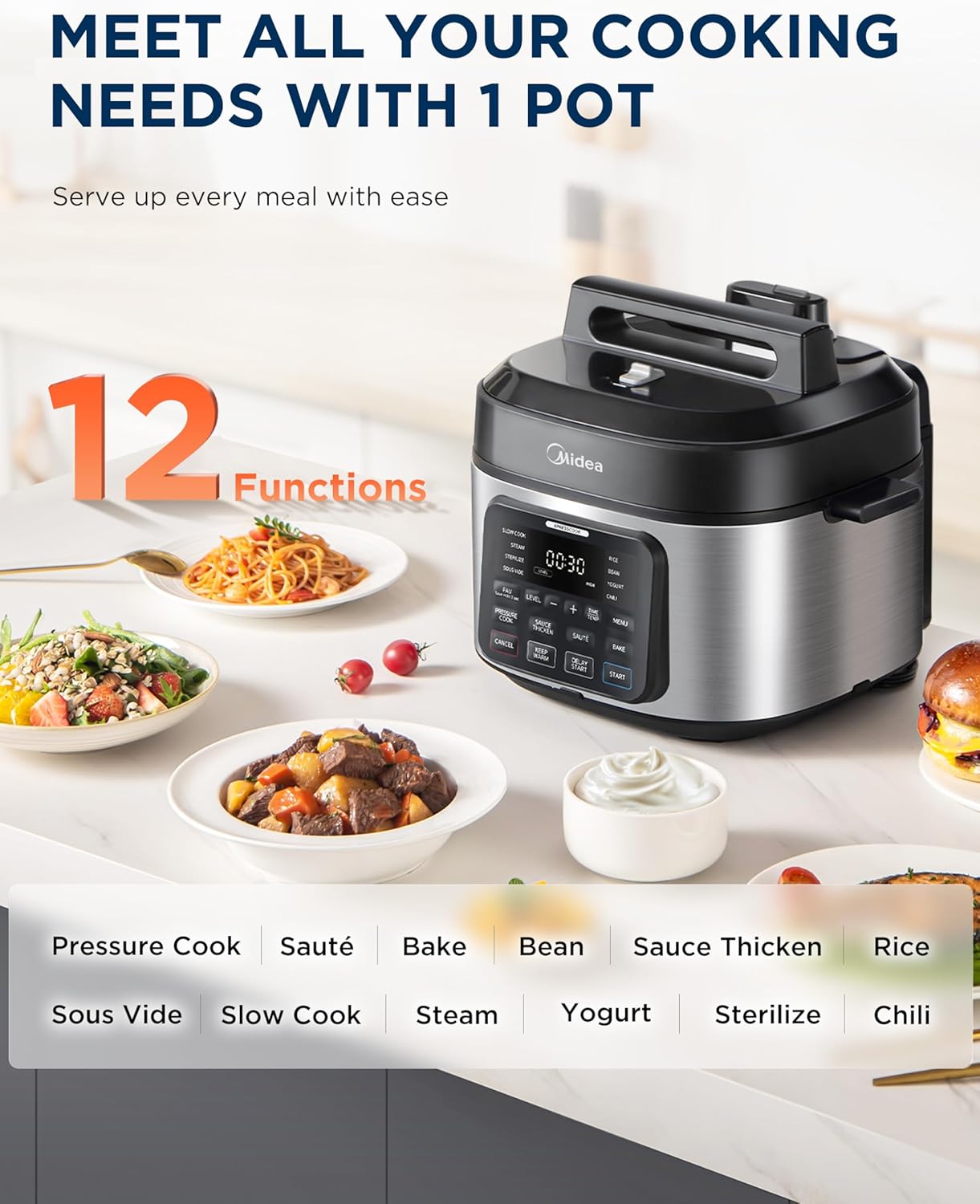 Midea WideMax 12-in-1 Electric Pressure Cooker, 6.5 Quart, 12 Presets, Multi-Functional Programmable Slow Cooker, Rice Cooker, Steamer, Sauté Pan, Cake, Yogurt, Warmer and More