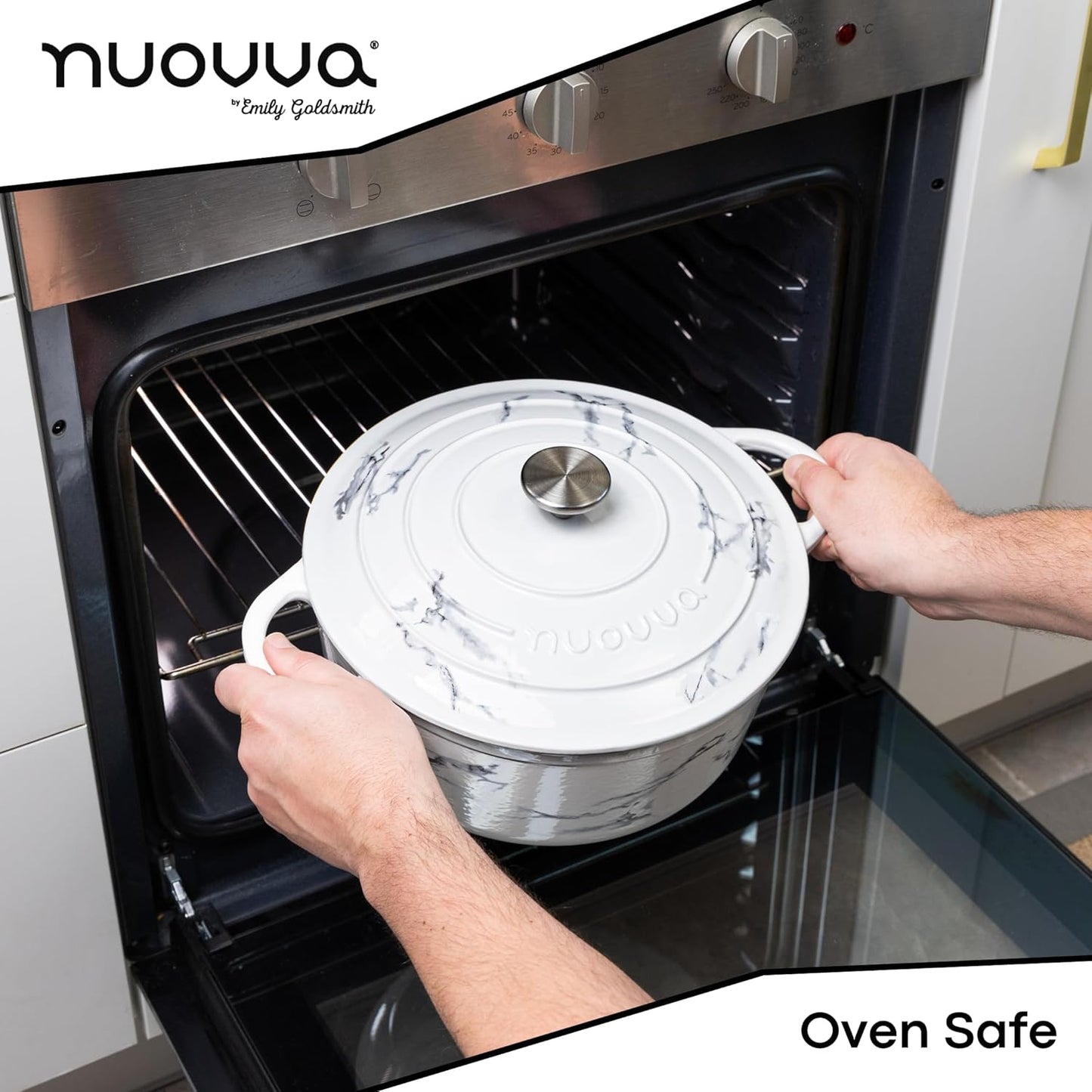 Cast Iron Dutch Oven with Lid – Non-Stick Ovenproof Enamelled Casserole Pot – Sturdy Dutch Oven Cookware – Marble, 6.4-Quart, 28cm – by Nuovva