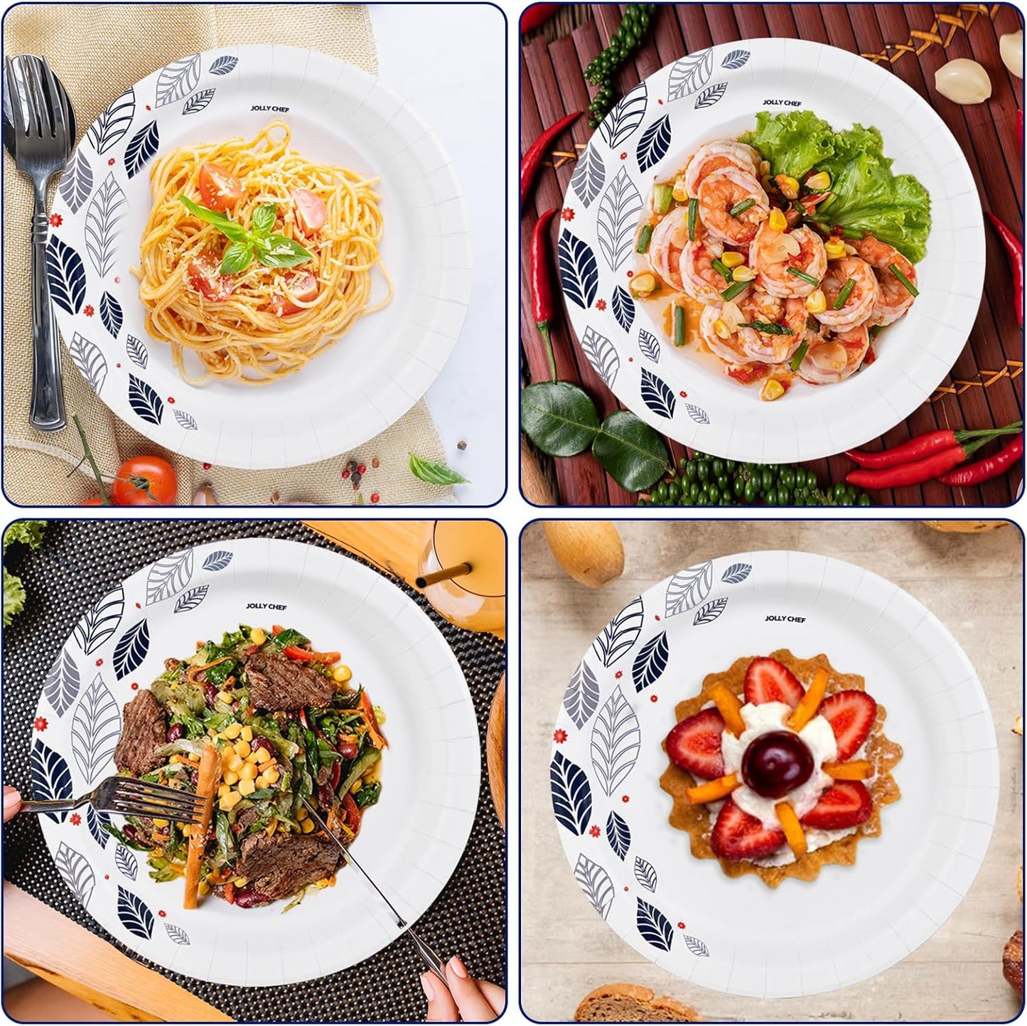 JOLLY CHEF 140 Count Paper Plates 10 inch Soak Proof, Cut Proof, Heavy Duty Leaf Printed Disposable Paper Plates for Everyday Use