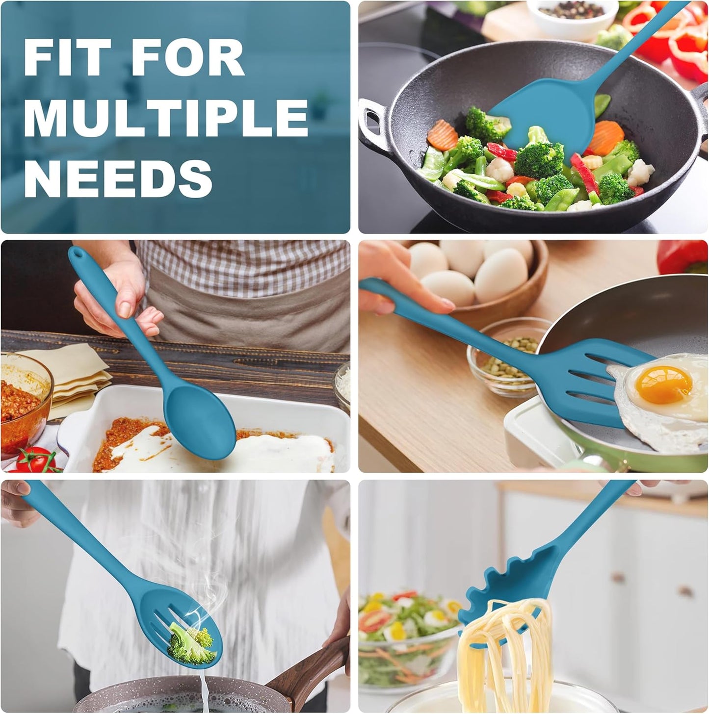 TeamFar Cooking Utensils Set, Silicone Kitchen Utensils of 5, Cooking Spoons Turners Pasta Server for Nonstick Cookware, Healthy & Heat-Resistant, Seamless & Non-Scratch, Dishwasher Safe, Dark Blue