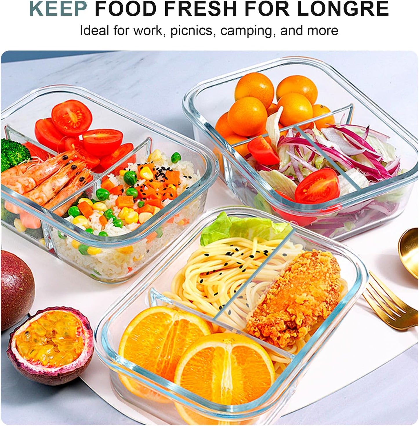 KOMUEE Glass Meal Prep Containers 3 Compartments, 5 Pack 36 oz, Glass Food Storage Containers with Lids, Airtight Lunch Bento Box, Portion Control, Freezer and Microwave Safe, White
