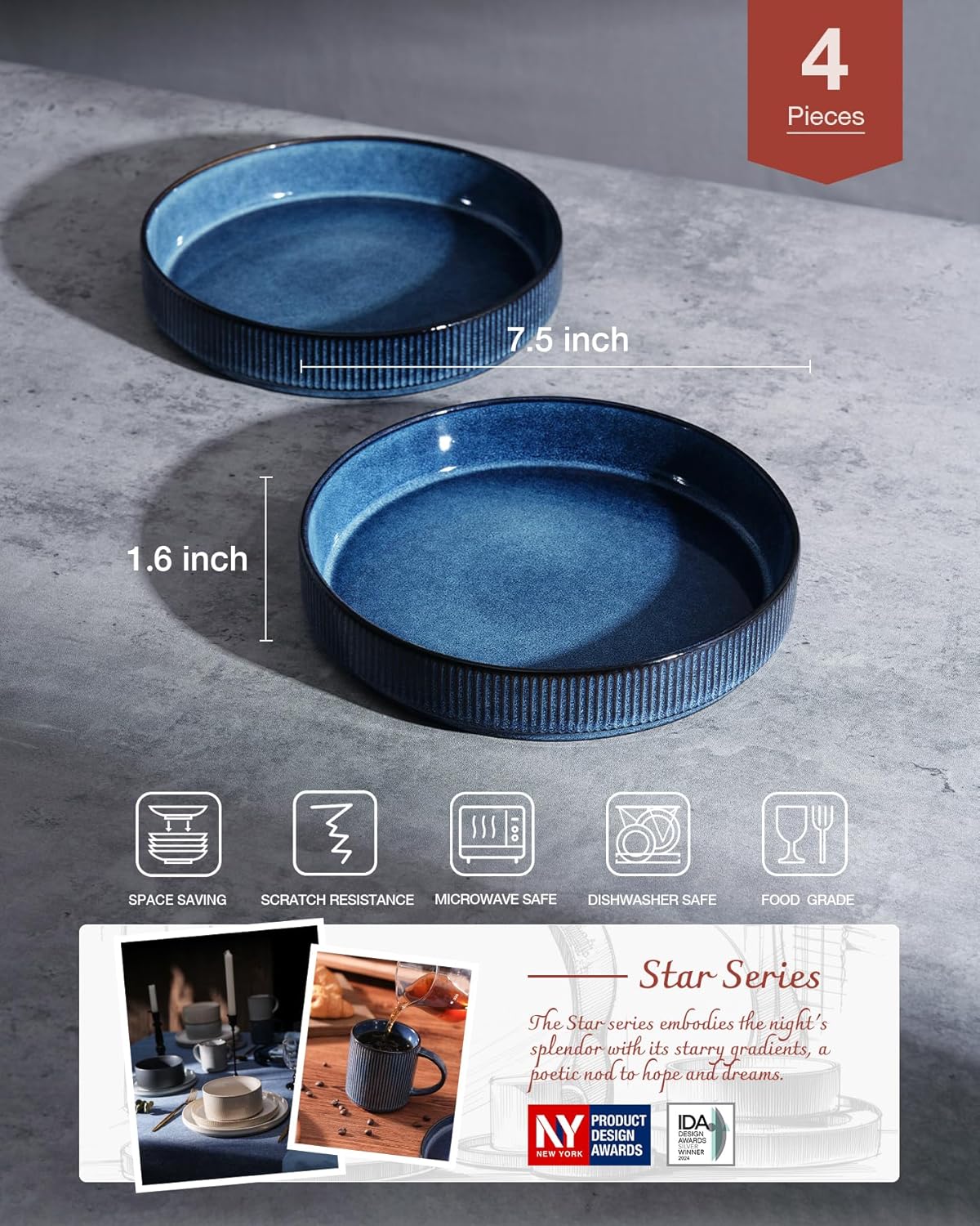 famiware Star 7.5" Pasta Bowls Set, Salad Bowl Set of 4, Double Reactive Glaze, Stackable, Ideal for Your Friend for Housewarming, Festivals, Nebulas Blue