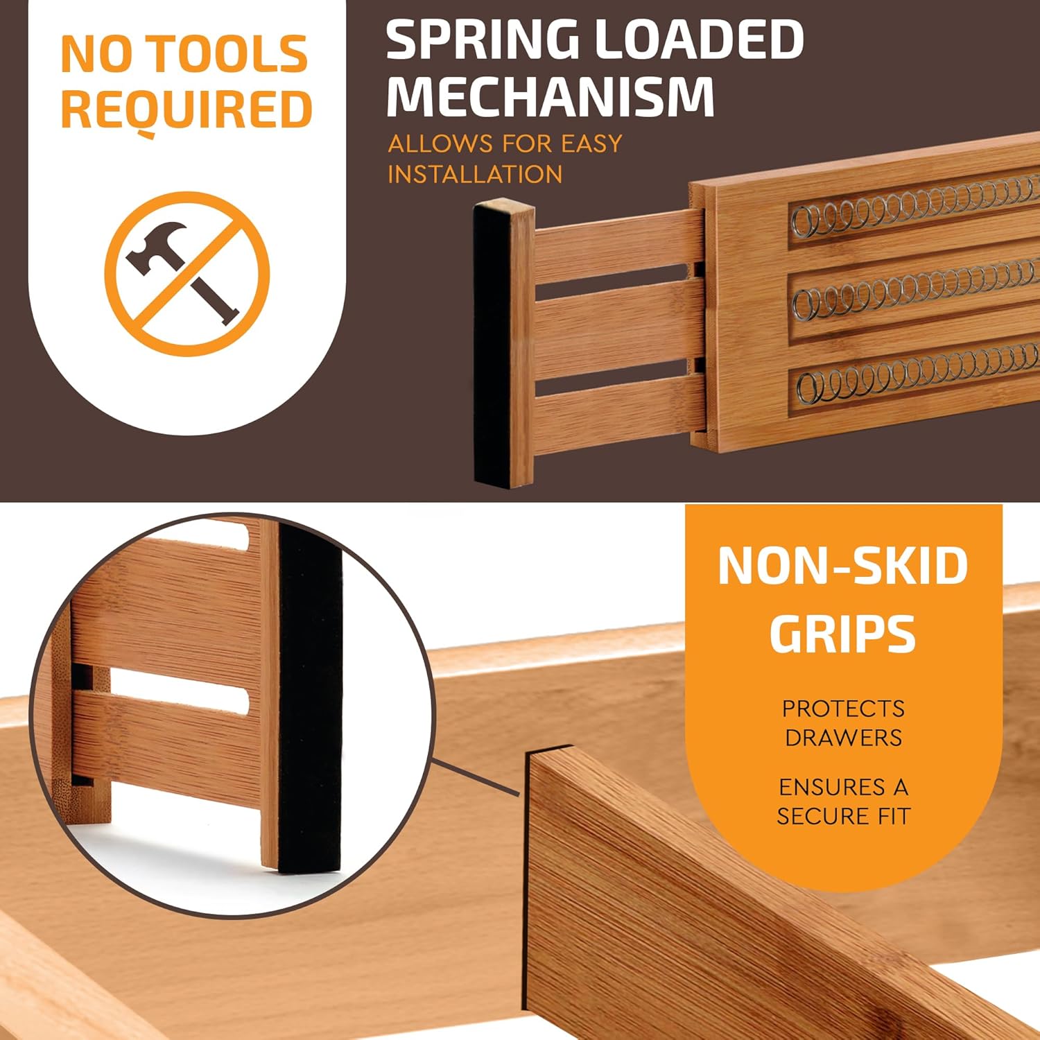 Large Kitchen Drawer Organizer - Expandable Bamboo Drawer Dividers (17" - 21.5") - Adjustable Separators for Kitchen, Clothes, Dresser, Bedroom, Bathroom, and Desk Drawers - 6 Pack - Thumbnail 3