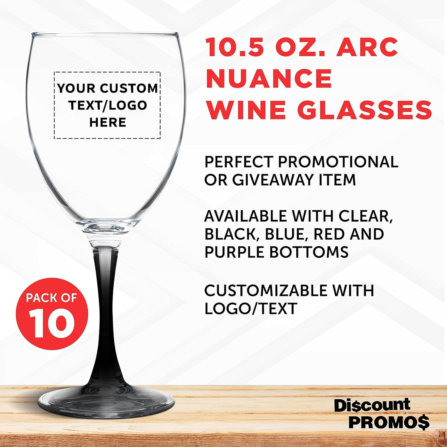 Custom Nuance Wine Glasses by ARC 10.5 oz. Set of 10, Personalized Bulk Pack - Restaurant Glassware, Perfect for Red Wine, White Wine, Cocktails - Black