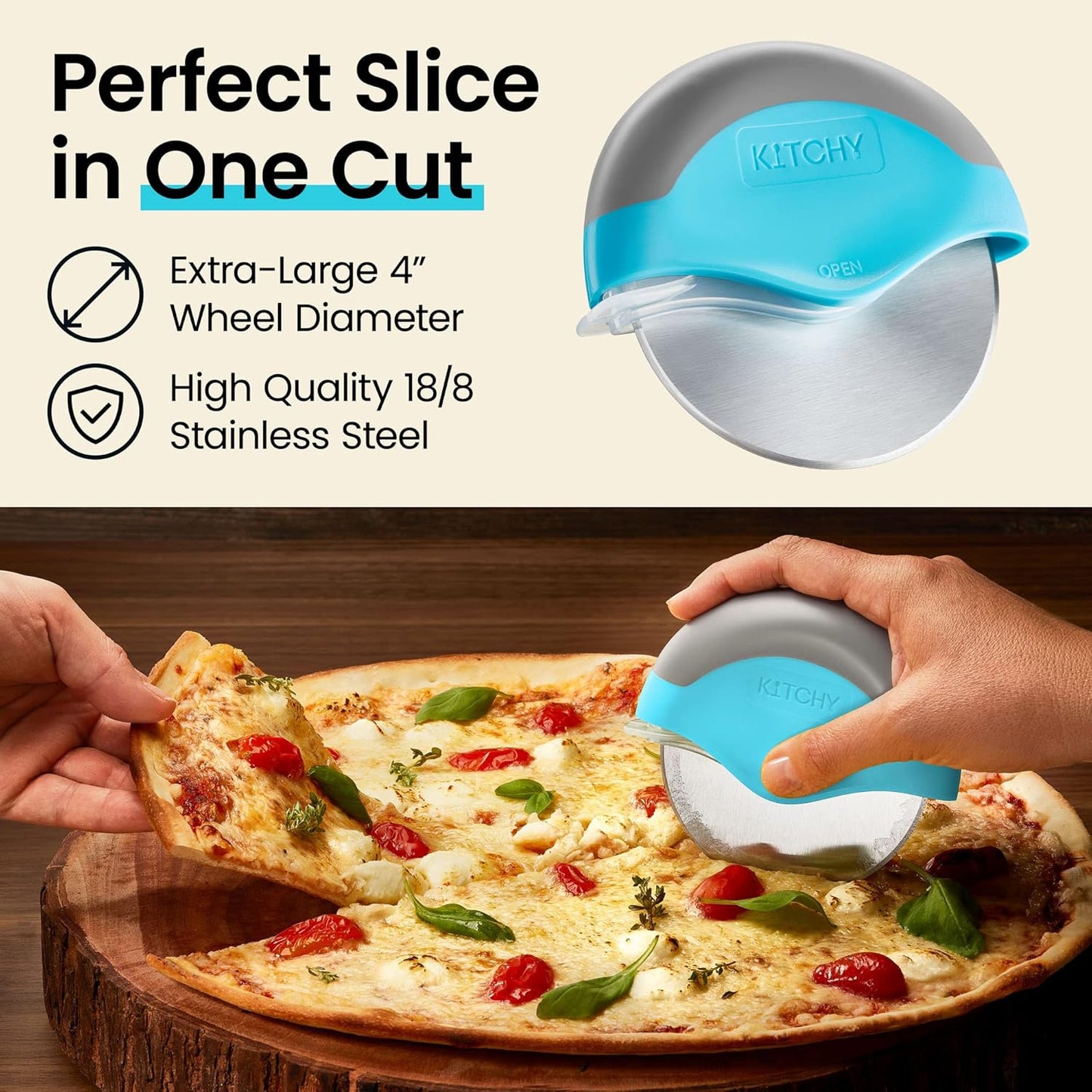 Kitchy Pizza Cutter Wheel with Protective Blade Cover, Ergonomic Pizza Slicer (Blue)