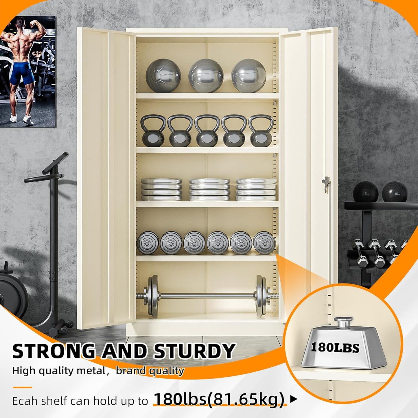 INTERGREAT Metal Garage Storage Cabinet, Black Lockable File Cabinet with 2 Doors and 4 Adjustable Shelves, Tall Steel Tool Cabinets for Office, Home, Garage, School, Gym