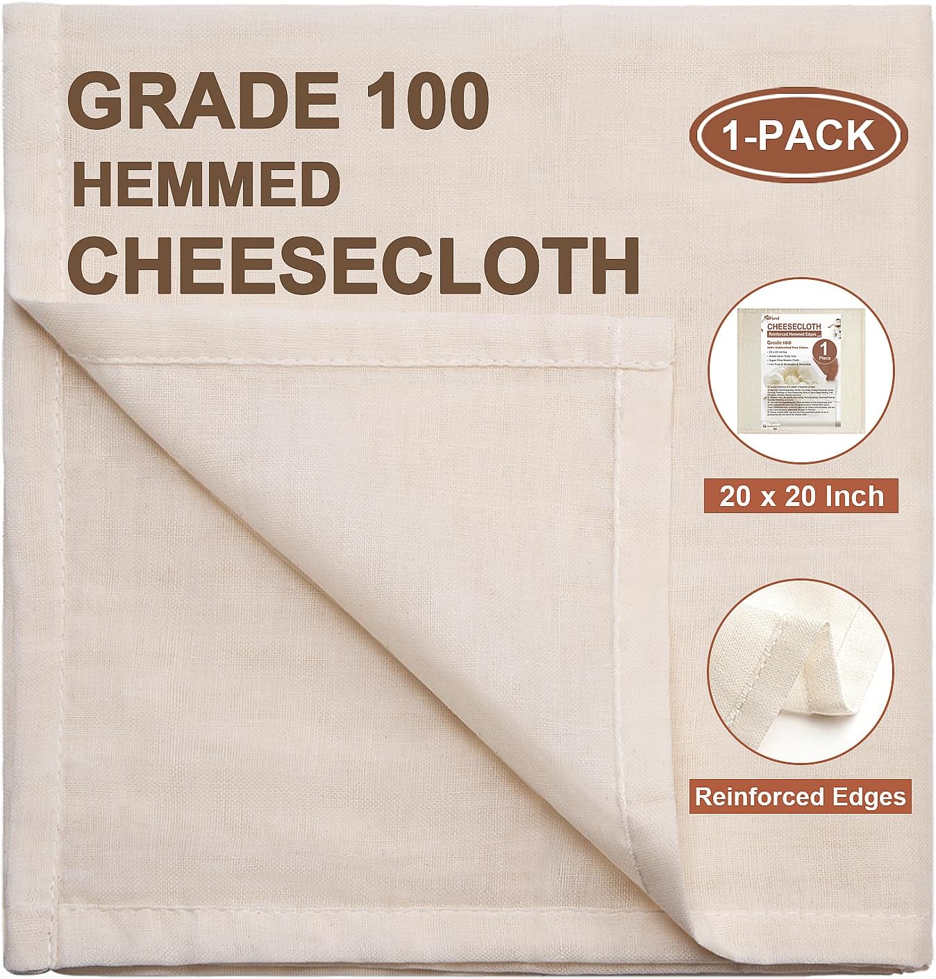 eFond Cheesecloth, Precut 20x20Inch, Hemmed Cheese Cloths for Cooking Reusable and Washable, 100% Unbleached Pure Cotton Muslin Cloths for Straining Butter, Fruit, Coffee (1 Piece)