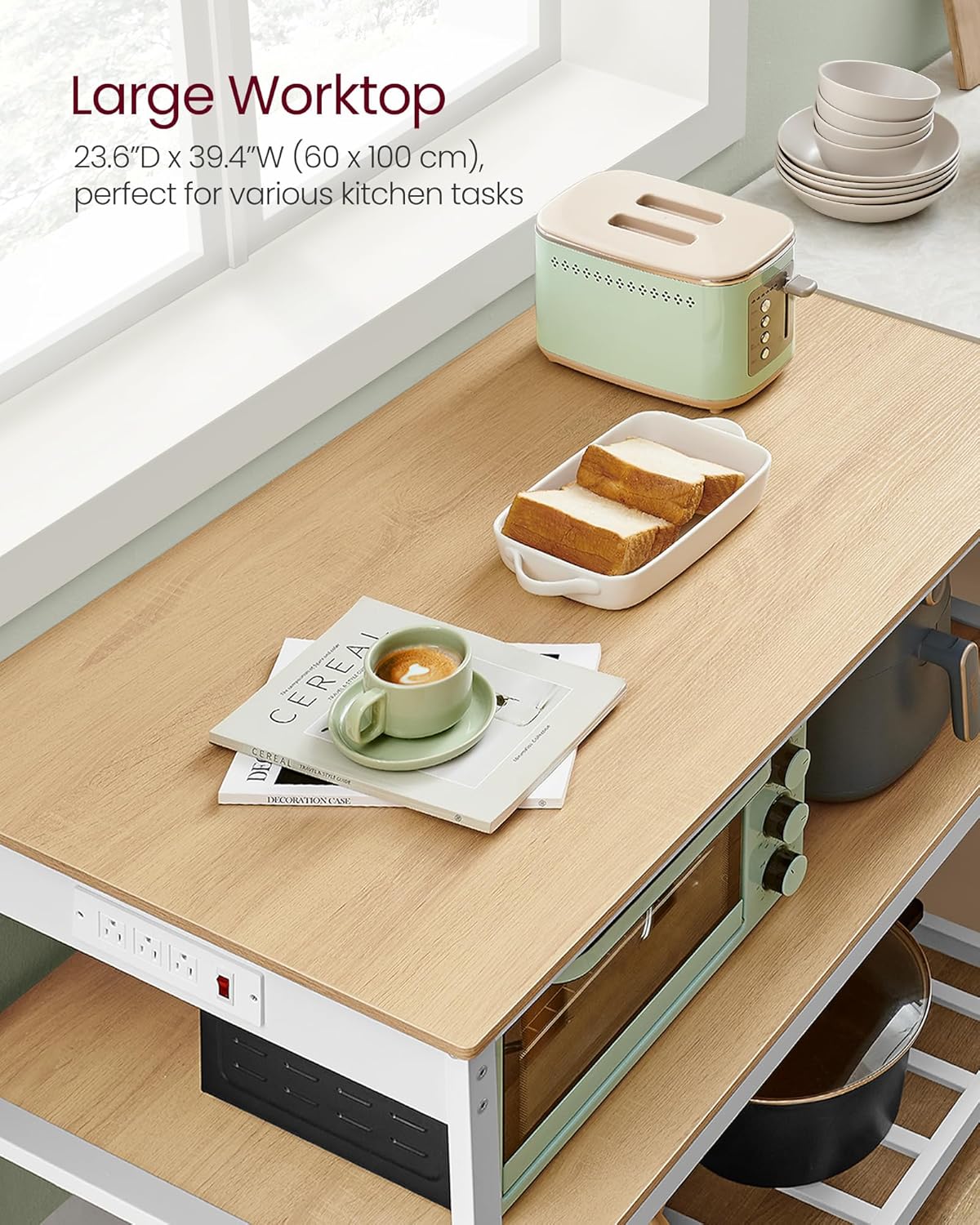 VASAGLE Kitchen Island with 3 Shelves, Kitchen Shelf with Power Strip, 23.6 x 39.4. x 34.9 Inches, Large Worktop, Steel Structure, Industrial, Easy to Assemble, Oak Color and White UKKI105Y01