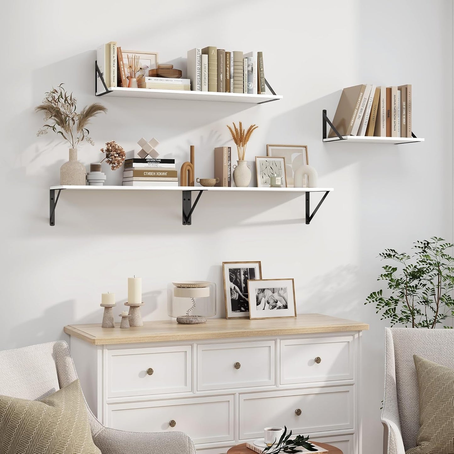 Heimlove White Deep Floating Shelves for Wall, 32W x 8D Wood Wall Shelves Set of 2, Wide Floating Bookshelf for Living Room, Kitchen, Office, Bedroom and Decor Storage, with Black Bracket - White