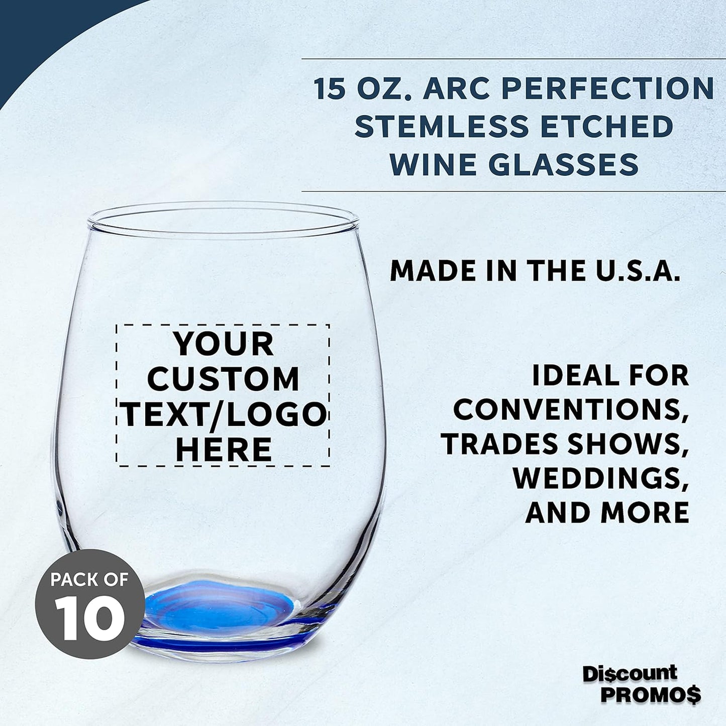 Custom Stemless Wine Glasses in Bulk by ARC Perfection, 15 oz, 10 pack, Personalized Text, Logo, Red or White Wine Glass Set, Blue