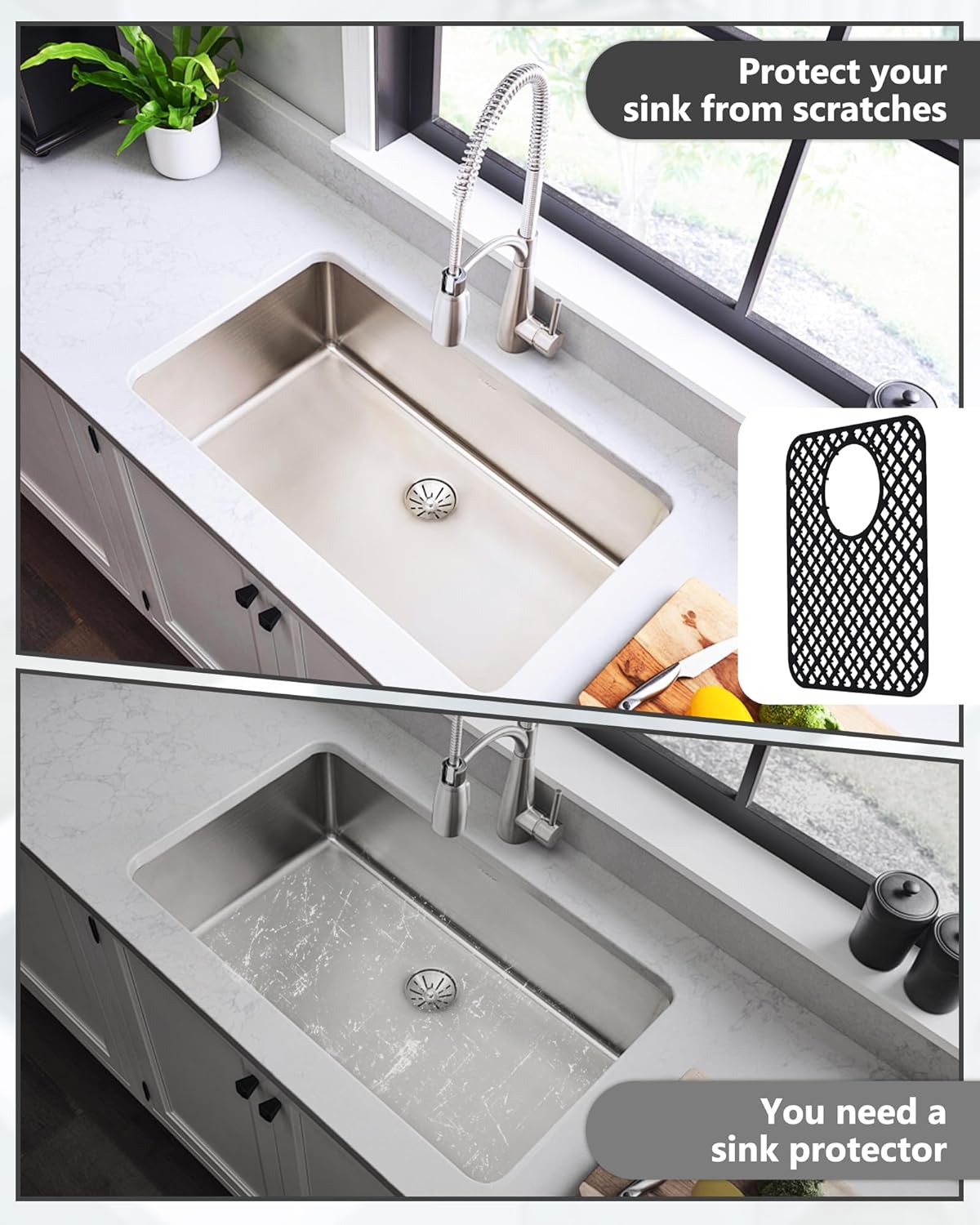 2 Pack Silicone Sink Protectors for Kitchen Sink, Lozenge Pattern 13 x 11 Inches Sink Mat, Non-Slip and Durable Sink Protector Silicone, Rear Drain, Black