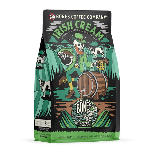 Bones Coffee Company Irish Cream, Creamy Liqueur Flavored Coffee, Medium Roast Low Acid Arabica Beans Compatible with Auto drip and French Press Coffee Maker, 12 Oz Ground