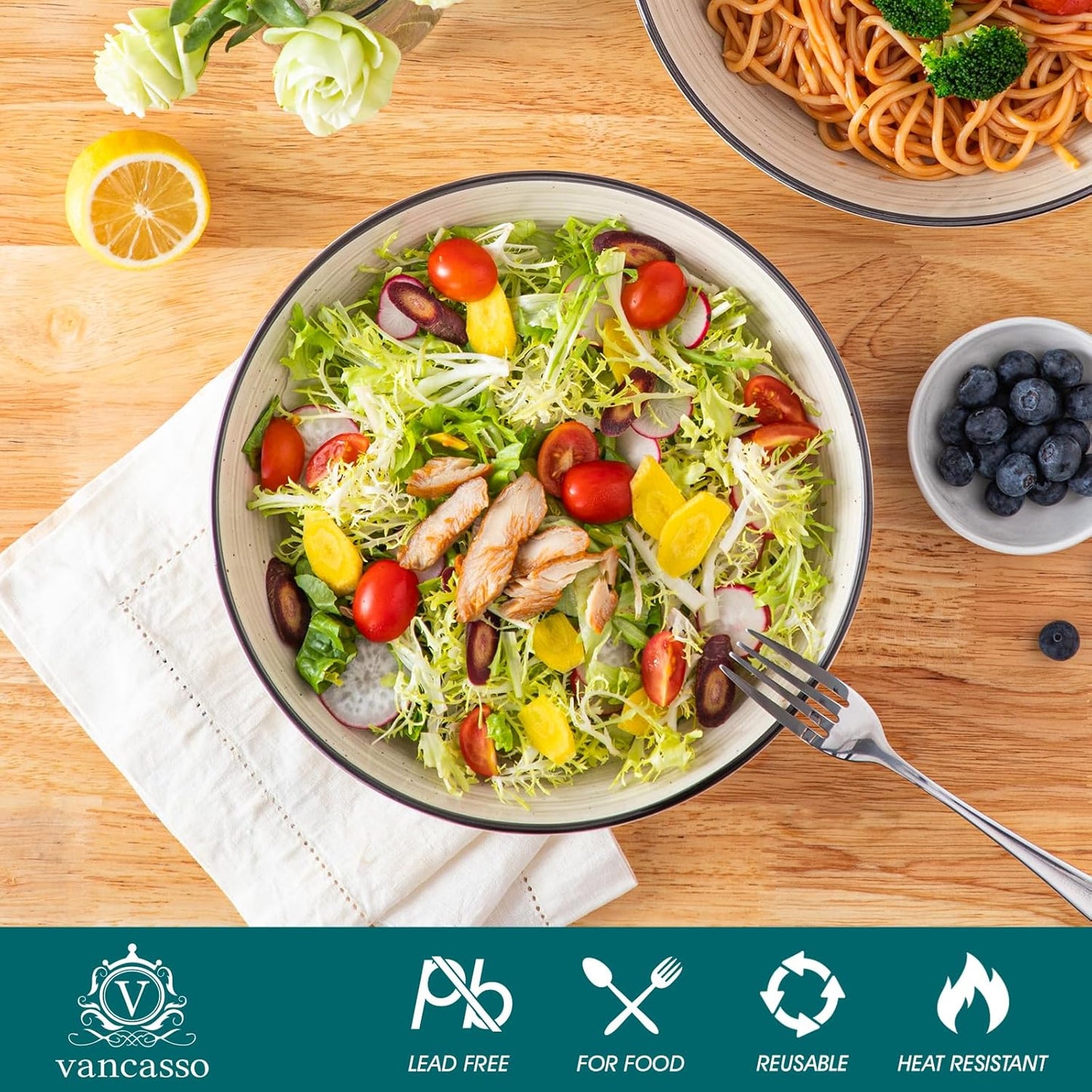 vancasso Bonbon Large Pasta Bowls Set of 6, 50 Oz Ceramic Salad Bowls, Wide and Shallow Bowls Set, Large Serving Bowls for Kitchen, Beige