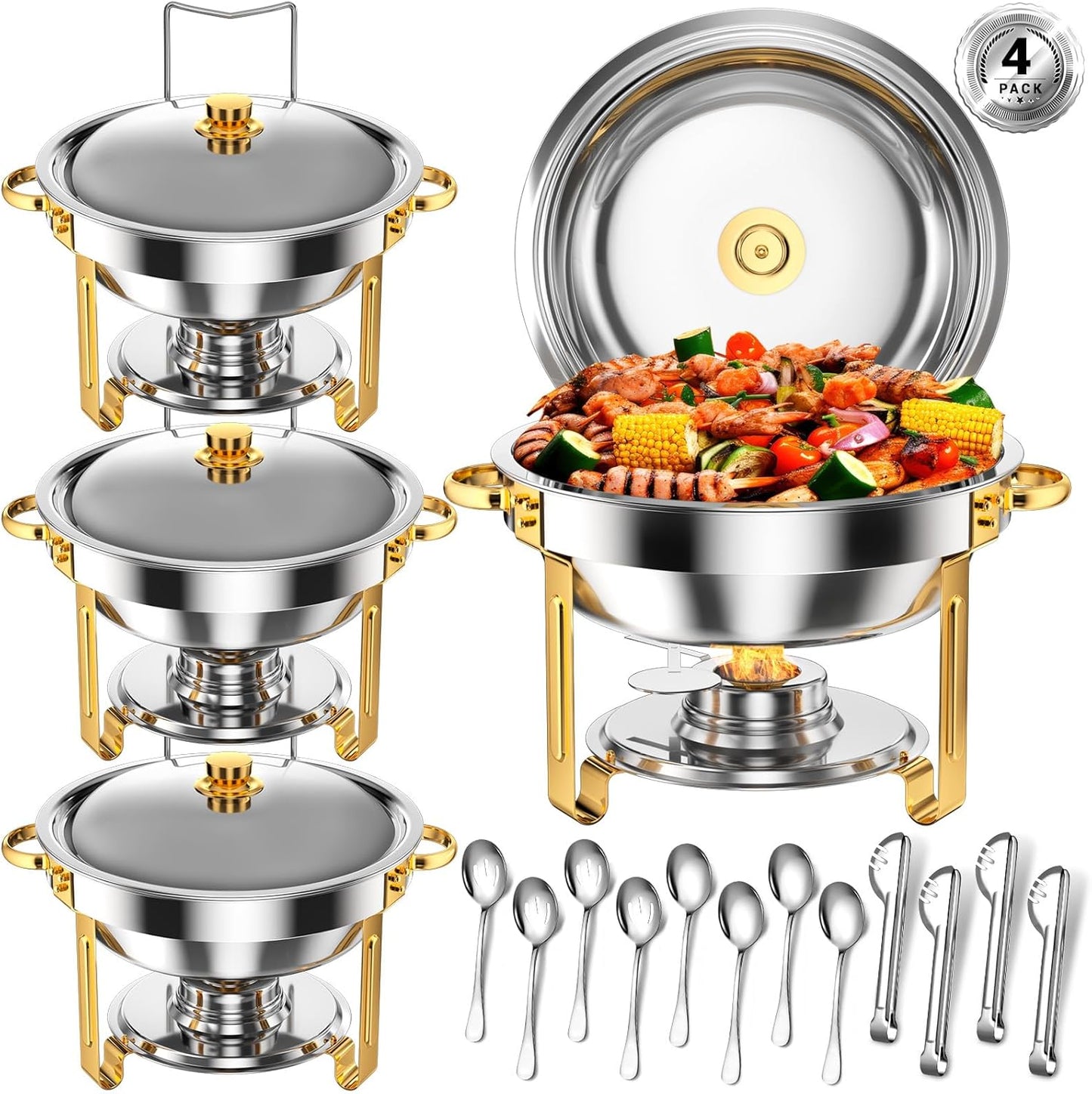 Round Chafing Dishes for Buffet 5 Qt,High Grade Chafing Dish Buffet Set with Stainless Steel Lid & Lid Holder,Full Size Pan,Food Warmers for Parties,Buffet,Wedding, Birthday 4 Pack (Half Gold)