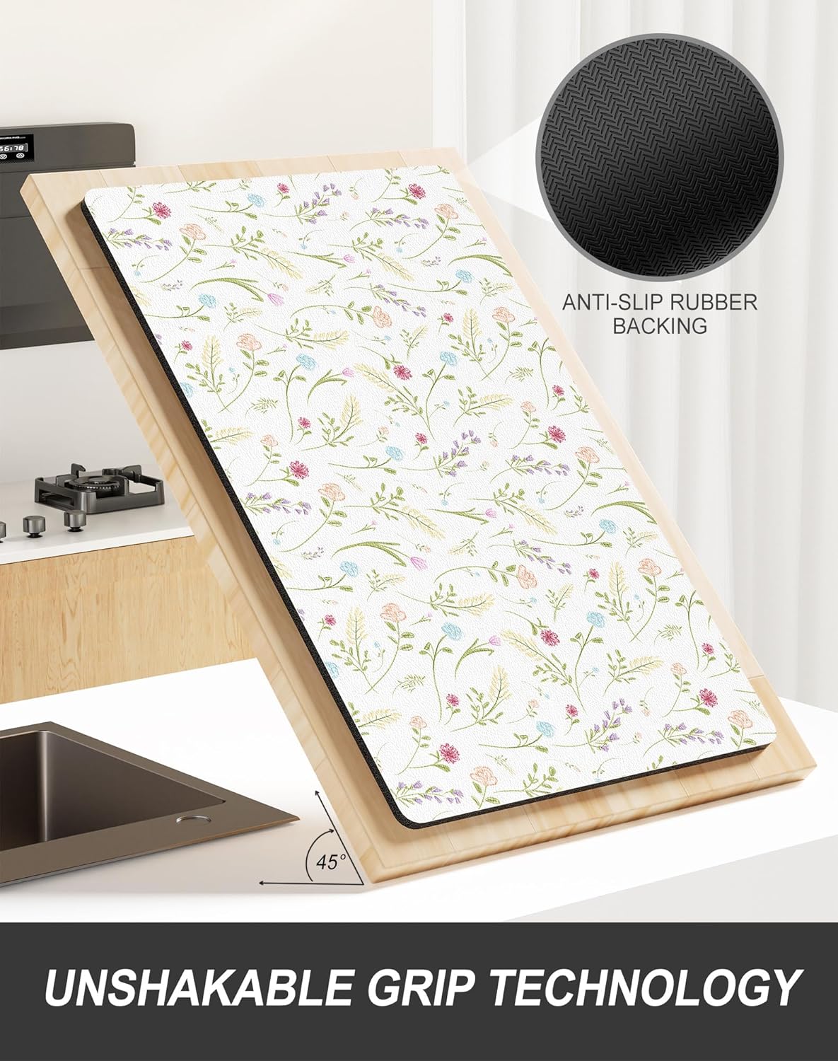 Rnivvi Dish Drying Mat for Kitchen Counter, 12 x 19" Cute Flower Theme Super Absorbent Draining Pad, Non-Slip Heat Resistant Coffee Bar Mat for Coffee Machine Station Accessories, White Dish Rack Pad