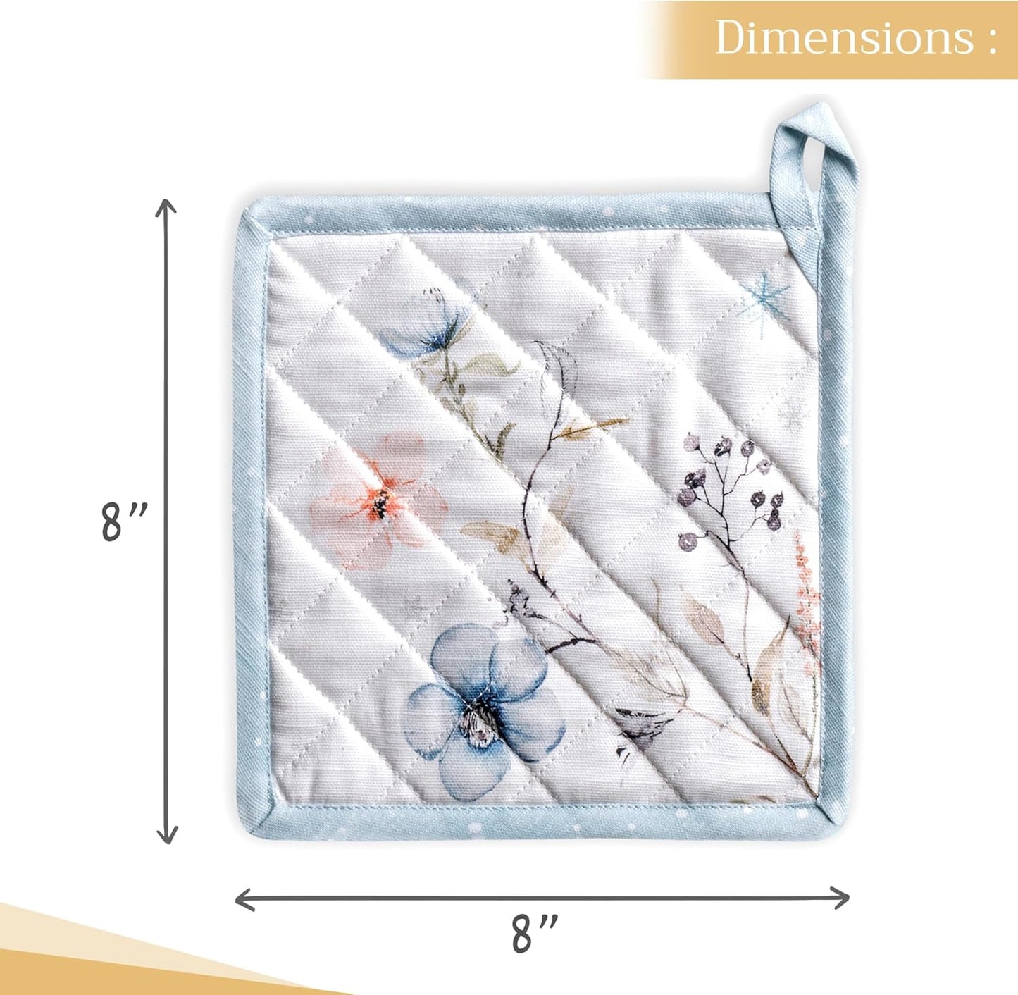 Maison d' Hermine Pot Holders 100% Cotton Heat Resistant Potholders 8" x 8" Hot Pads with Loop BBQ, Cooking, Baking, Grilling, Kitchen, Handling Hot Pans (Pack of 1, Ice Florals)