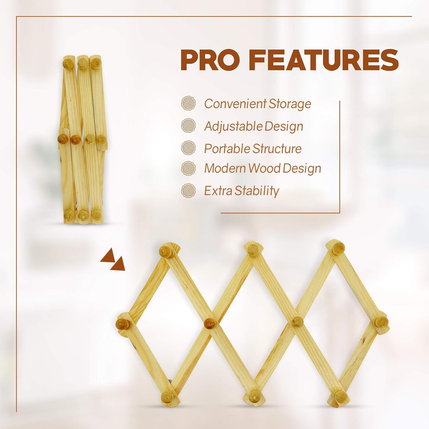 RAM-PRO Accordion Style Wood Expandable Rack Hat, Cap, Belt, Umbrella Coffee Mug Wall Wooden Pegs